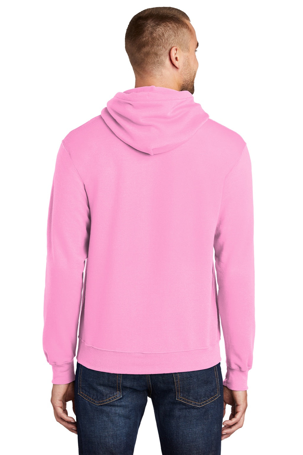 Port & Company PC78H/PC78HT Mens Core Pill Resistant Fleece Hooded Sweatshirt Hoodie w/ Pouch Pocket Candy Pink Model Back