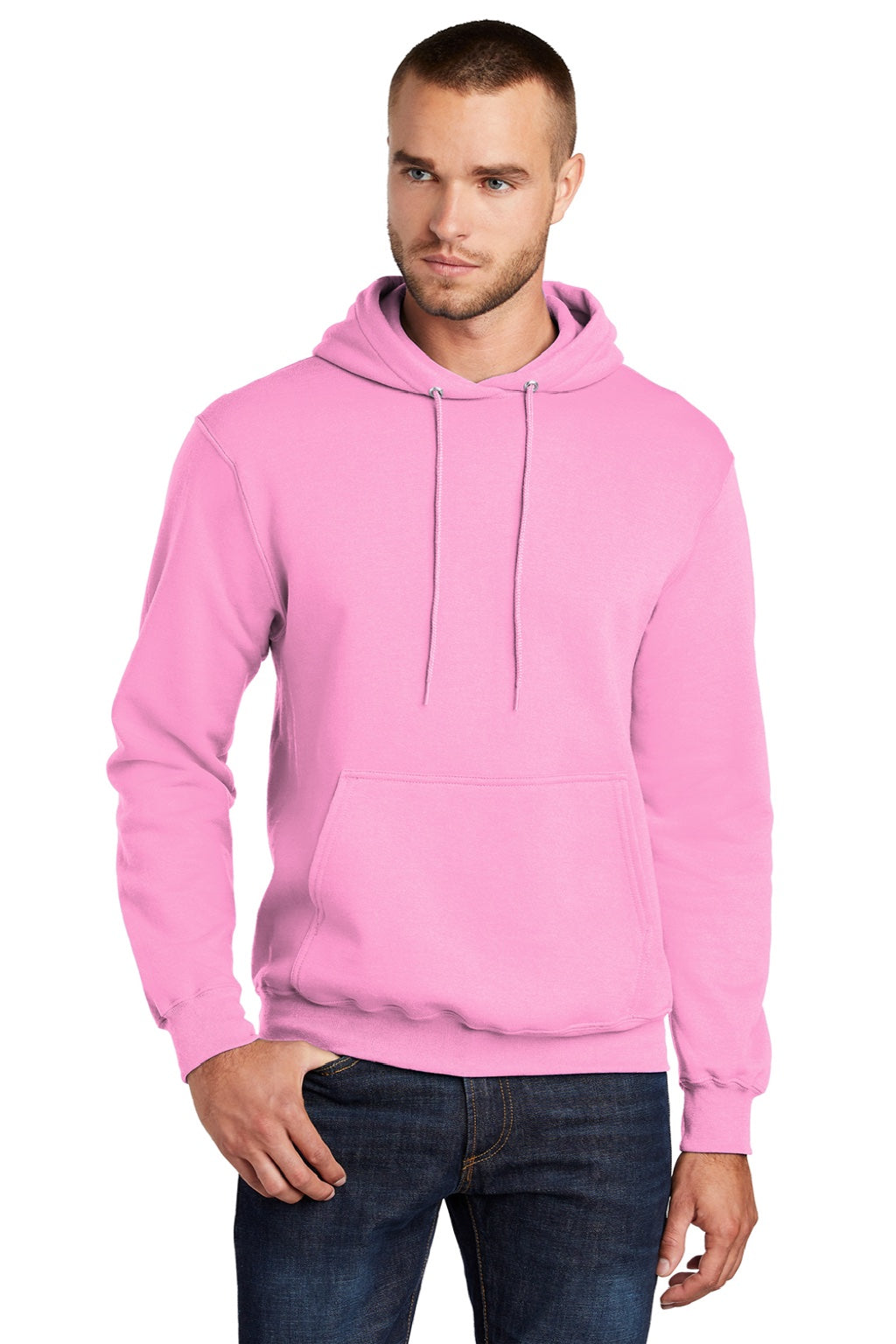 Port & Company PC78H/PC78HT Mens Core Pill Resistant Fleece Hooded Sweatshirt Hoodie w/ Pouch Pocket Candy Pink Model Front
