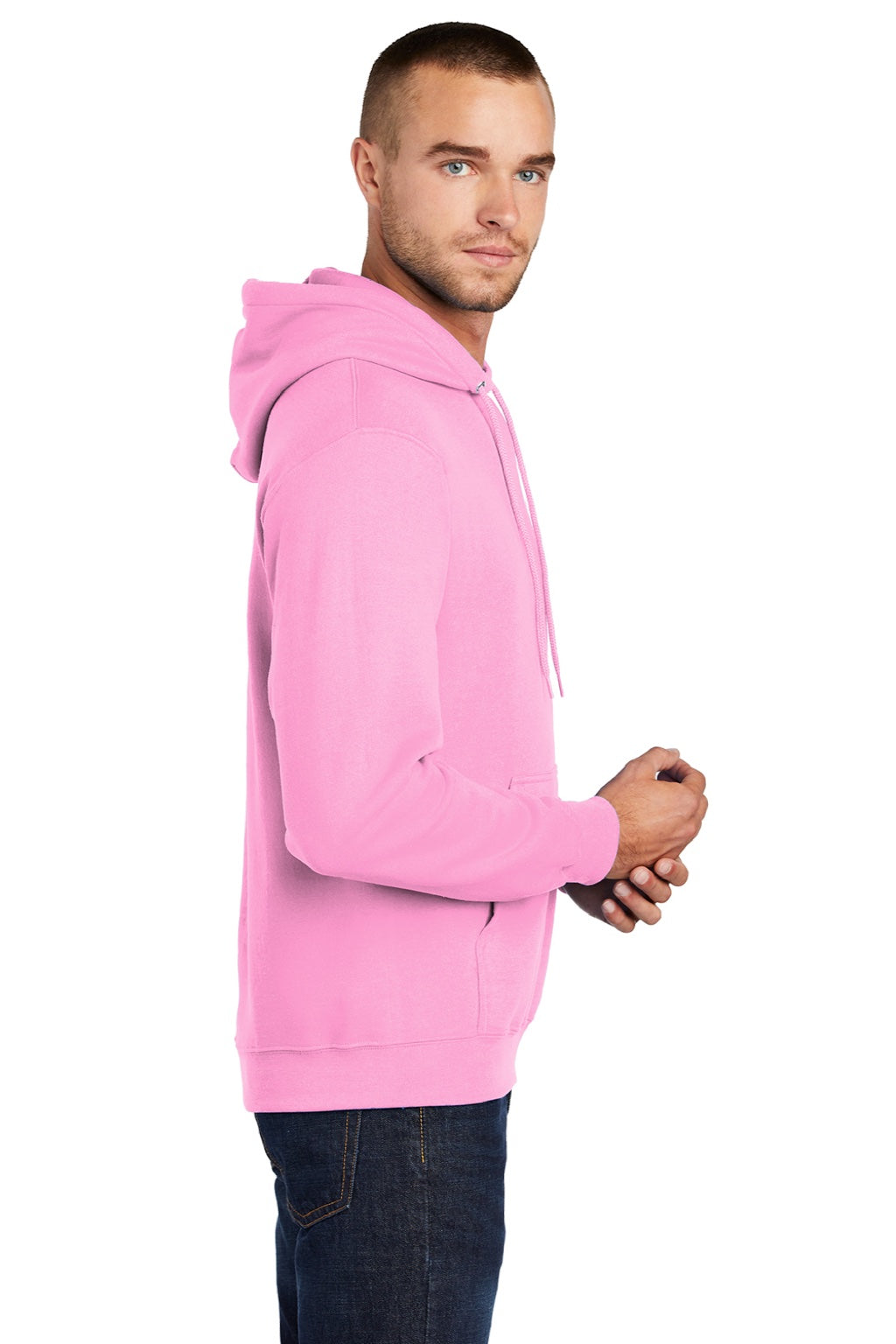 Port & Company PC78H/PC78HT Mens Core Pill Resistant Fleece Hooded Sweatshirt Hoodie w/ Pouch Pocket Candy Pink Model Side