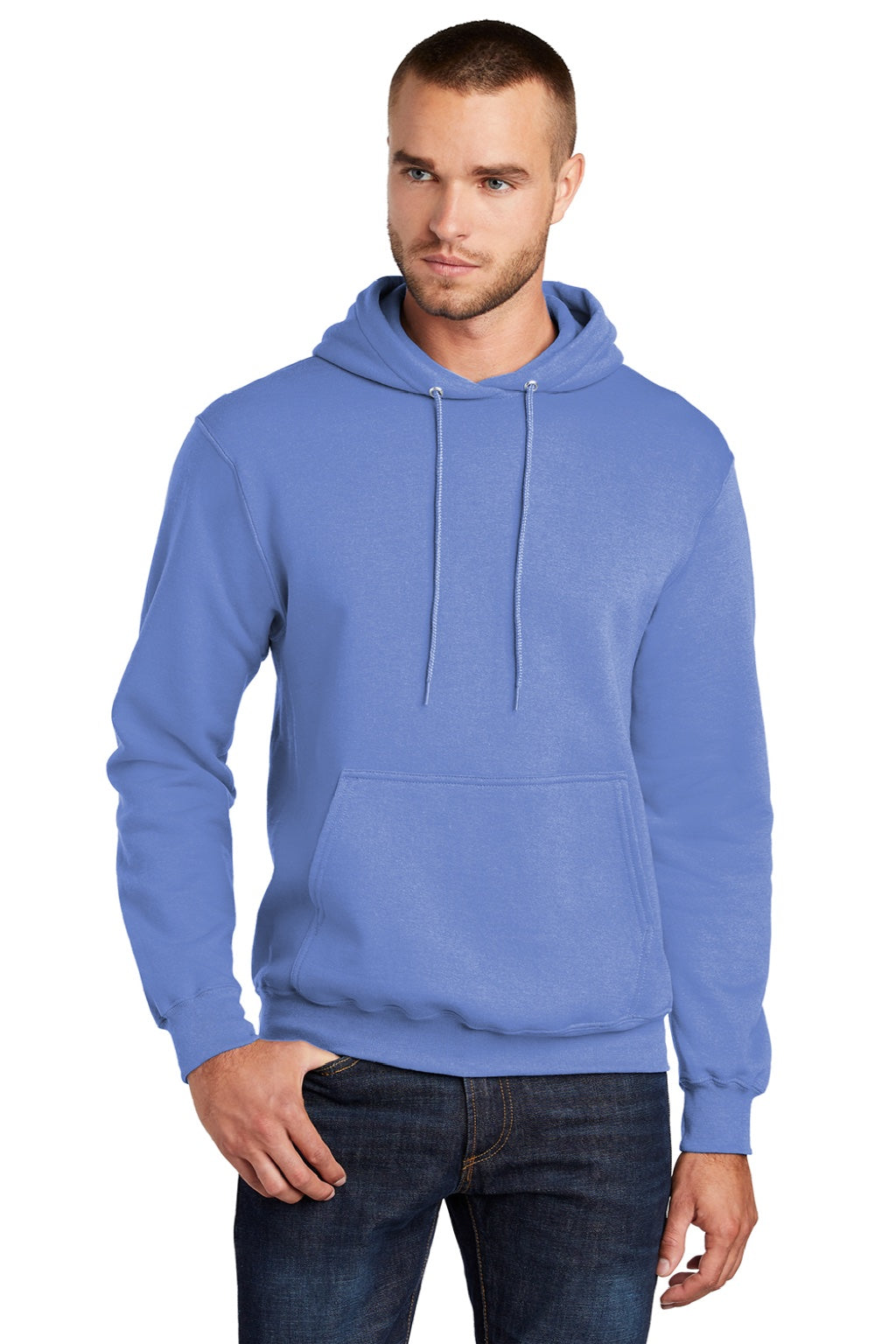 Port & Company PC78H/PC78HT Mens Core Pill Resistant Fleece Hooded Sweatshirt Hoodie w/ Pouch Pocket Carolina Blue Model Front