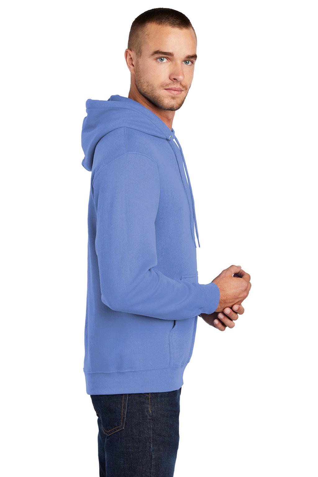 Port & Company PC78H/PC78HT Mens Core Pill Resistant Fleece Hooded Sweatshirt Hoodie w/ Pouch Pocket Carolina Blue Model Side