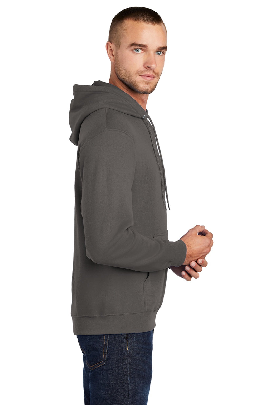 Port & Company PC78H/PC78HT Mens Core Pill Resistant Fleece Hooded Sweatshirt Hoodie w/ Pouch Pocket Charcoal Grey Model Side