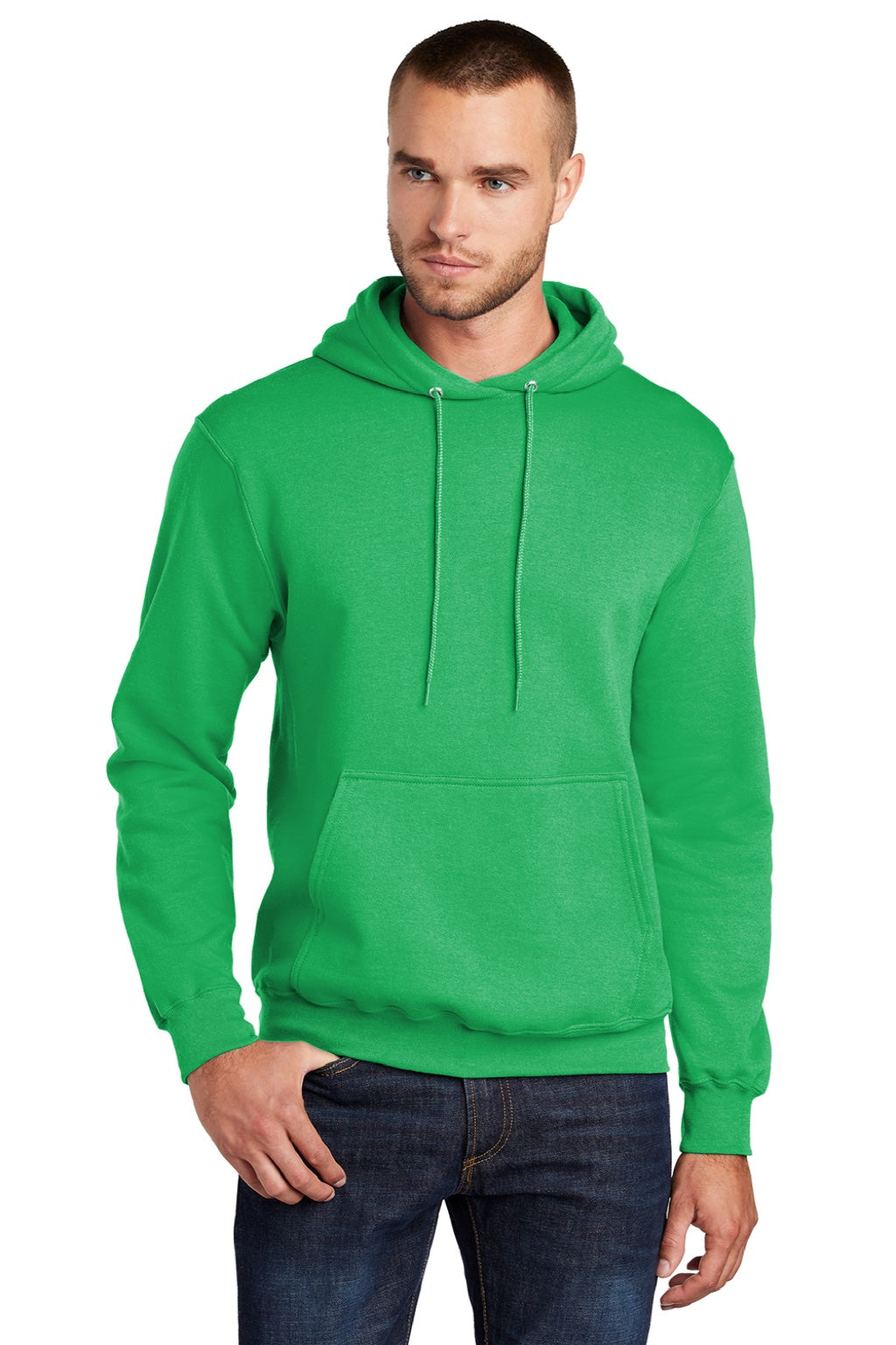 Port & Company PC78H/PC78HT Mens Core Pill Resistant Fleece Hooded Sweatshirt Hoodie w/ Pouch Pocket Clover Green Model Front
