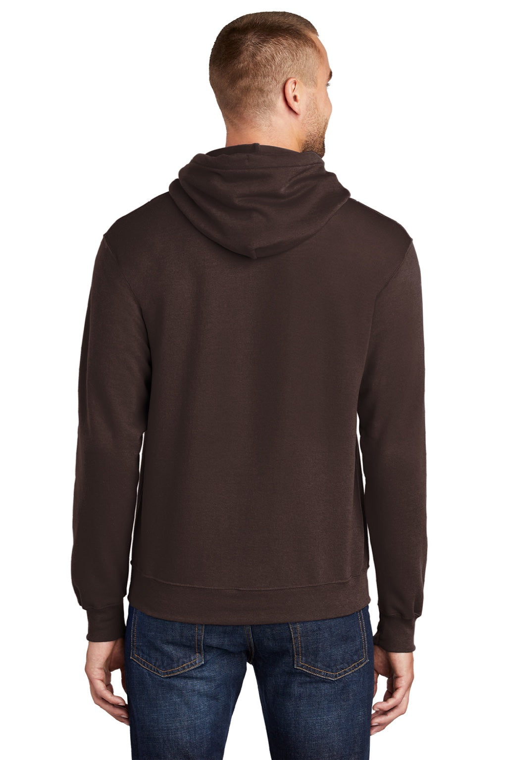 Port & Company PC78H/PC78HT Mens Core Pill Resistant Fleece Hooded Sweatshirt Hoodie w/ Pouch Pocket Dark Chocolate Brown Model Back