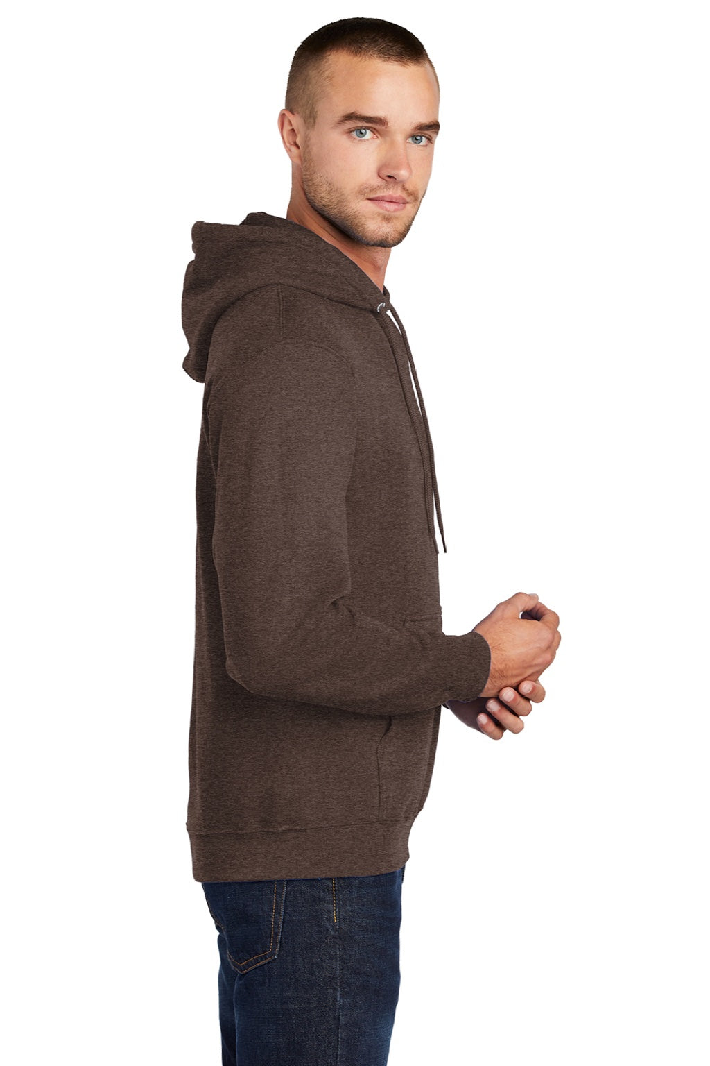 Port & Company PC78H/PC78HT Mens Core Pill Resistant Fleece Hooded Sweatshirt Hoodie w/ Pouch Pocket Heather Dark Chocolate Brown Model Side