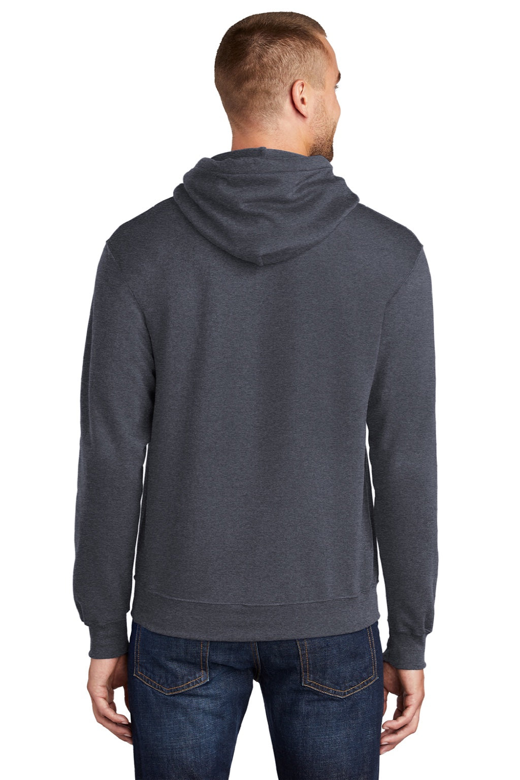 Port & Company PC78H/PC78HT Mens Core Pill Resistant Fleece Hooded Sweatshirt Hoodie w/ Pouch Pocket Heather Navy Blue Model Back