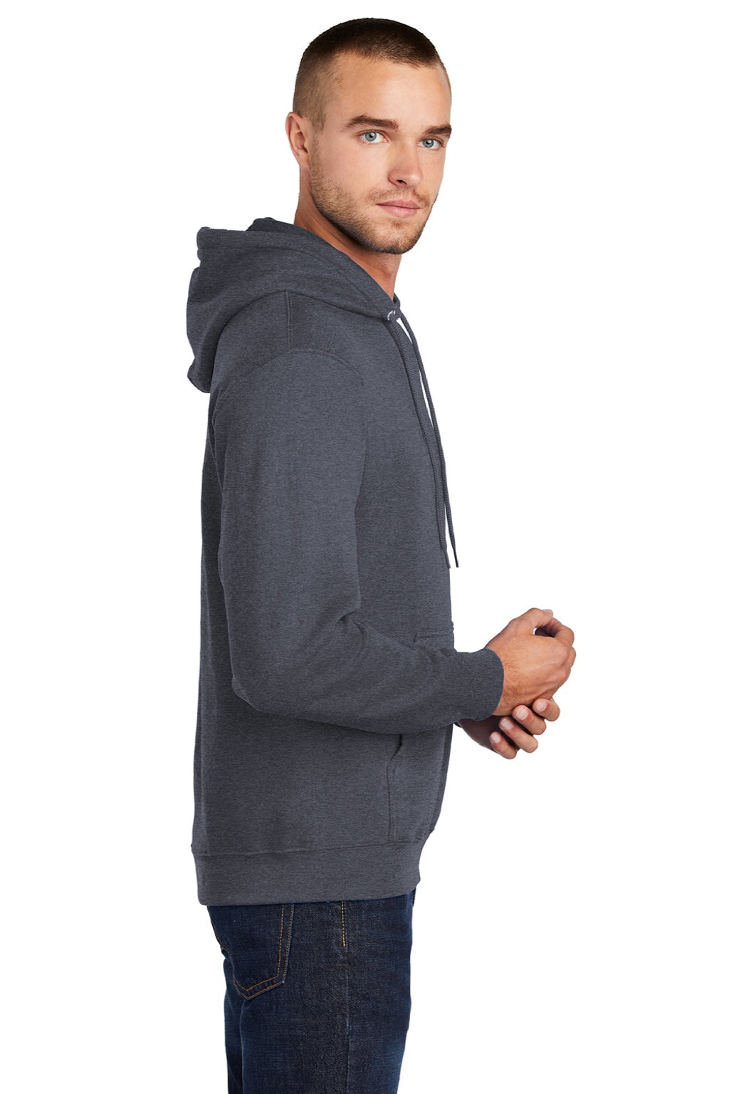 Port & Company PC78H/PC78HT Mens Core Pill Resistant Fleece Hooded Sweatshirt Hoodie w/ Pouch Pocket Heather Navy Blue Model Side