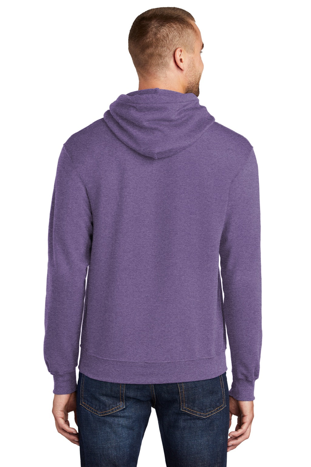 Port & Company PC78H/PC78HT Mens Core Pill Resistant Fleece Hooded Sweatshirt Hoodie w/ Pouch Pocket Heather Purple Model Back