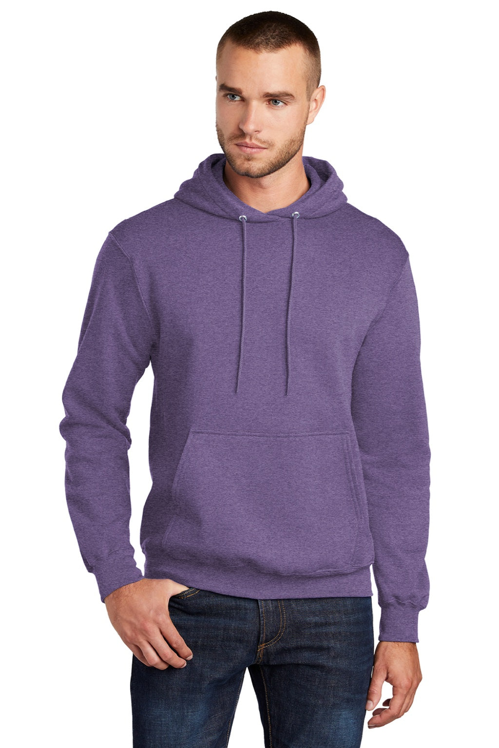 Port & Company PC78H/PC78HT Mens Core Pill Resistant Fleece Hooded Sweatshirt Hoodie w/ Pouch Pocket Heather Purple Model Front