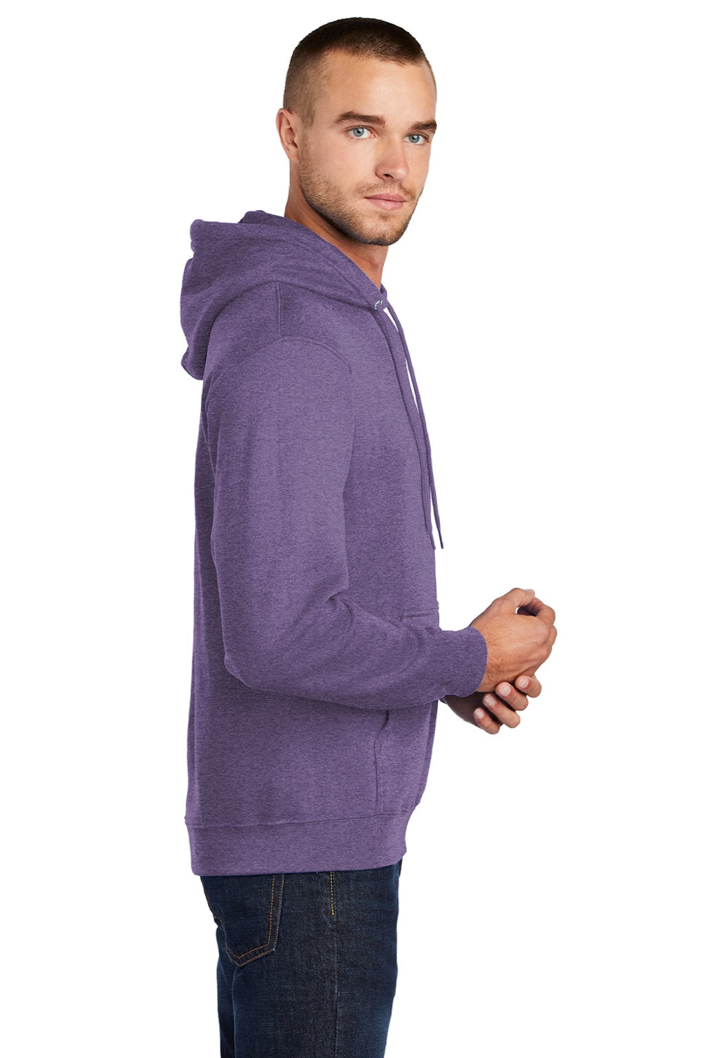 Port & Company PC78H/PC78HT Mens Core Pill Resistant Fleece Hooded Sweatshirt Hoodie w/ Pouch Pocket Heather Purple Model Side