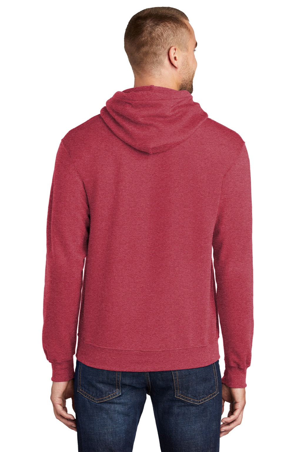 Port & Company PC78H/PC78HT Mens Core Pill Resistant Fleece Hooded Sweatshirt Hoodie w/ Pouch Pocket Heather Red Model Back