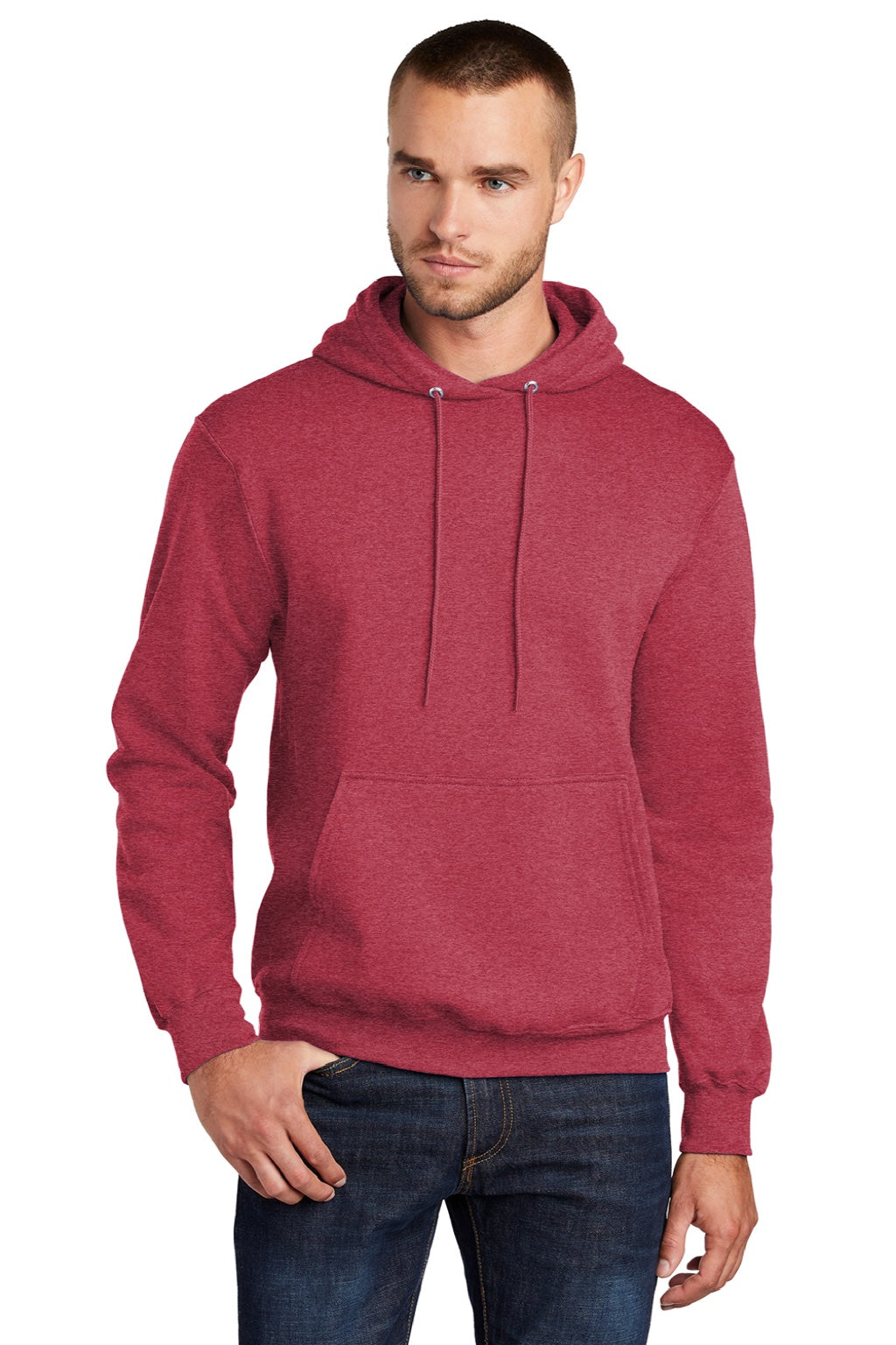 Port & Company PC78H/PC78HT Mens Core Pill Resistant Fleece Hooded Sweatshirt Hoodie w/ Pouch Pocket Heather Red Model Front