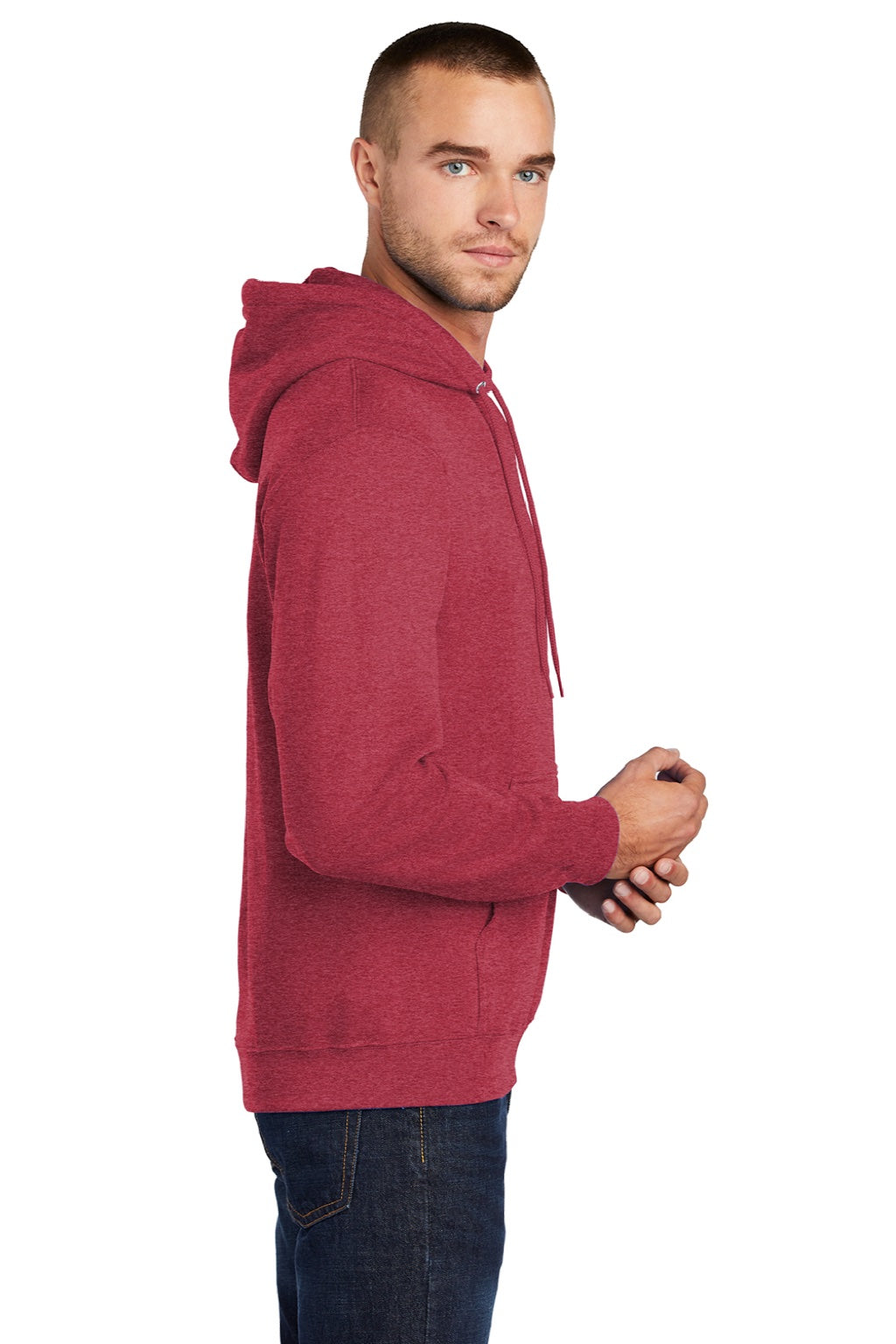 Port & Company PC78H/PC78HT Mens Core Pill Resistant Fleece Hooded Sweatshirt Hoodie w/ Pouch Pocket Heather Red Model Side