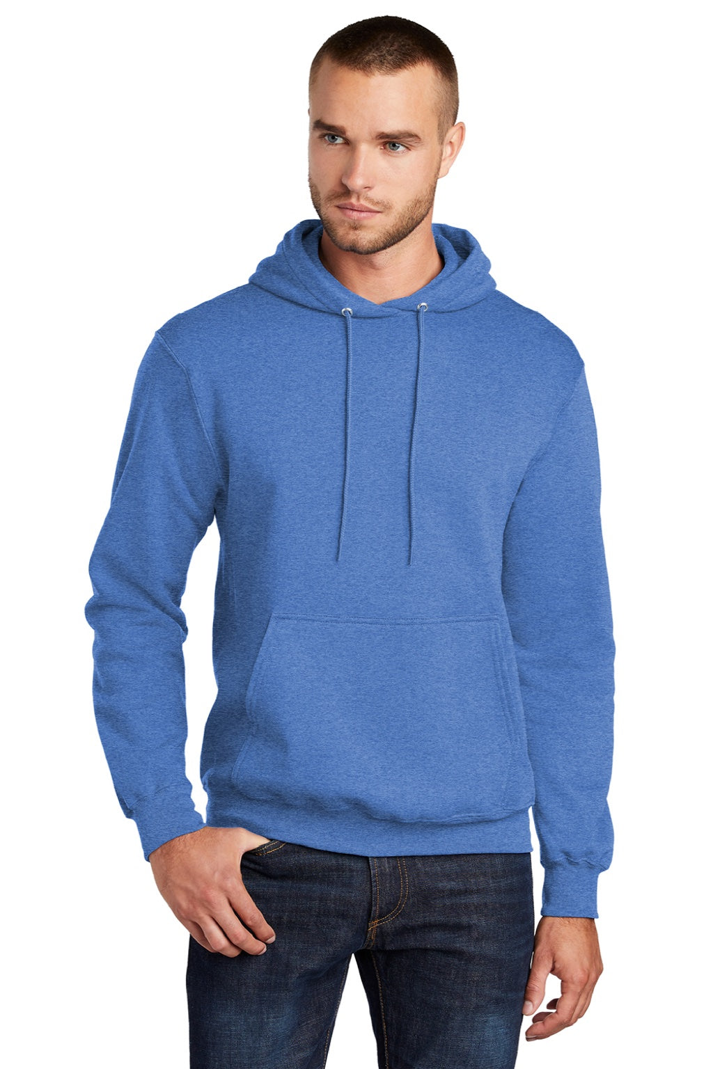 Port & Company PC78H/PC78HT Mens Core Pill Resistant Fleece Hooded Sweatshirt Hoodie w/ Pouch Pocket Heather Royal Blue Model Front