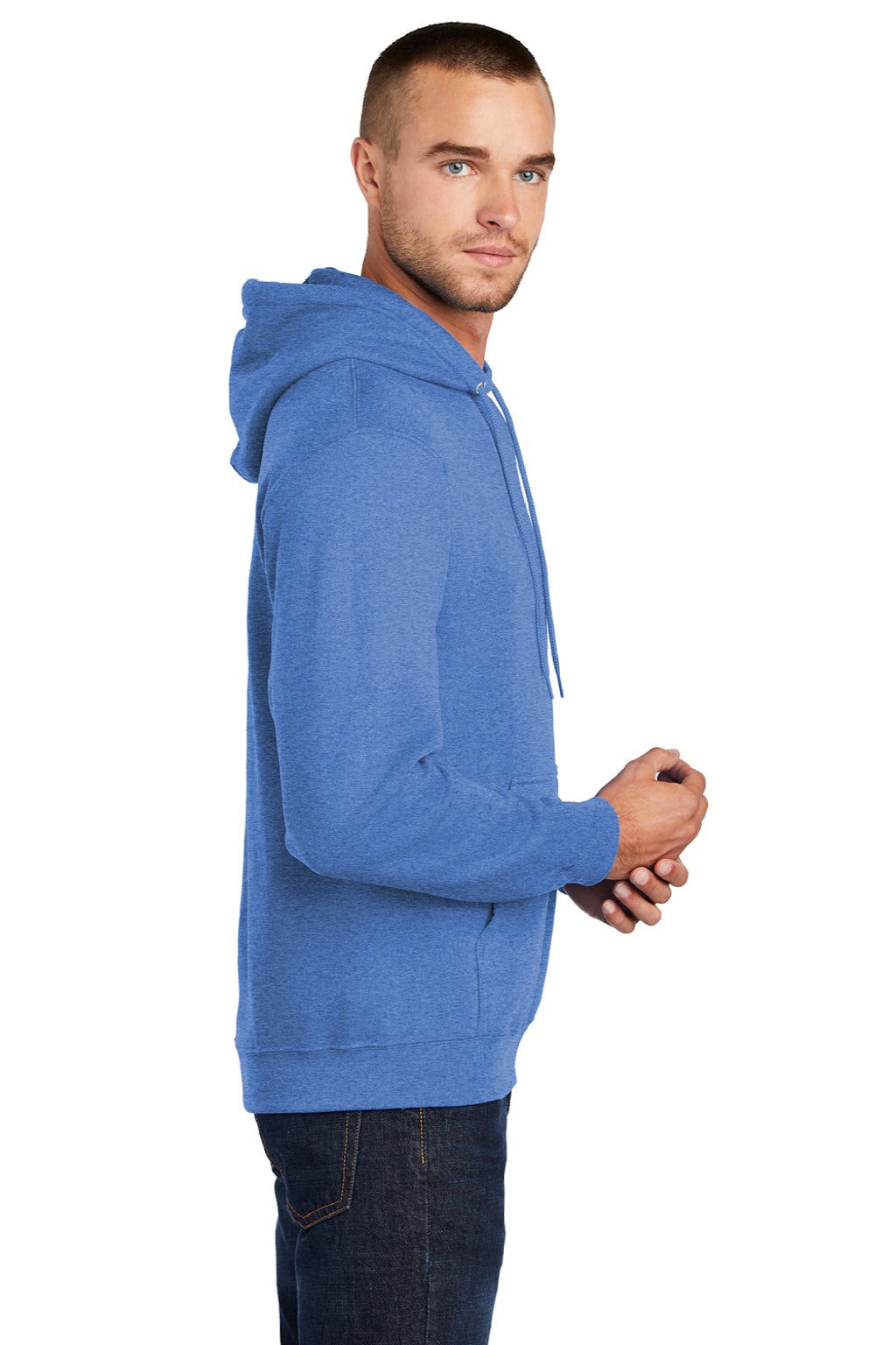 Port & Company PC78H/PC78HT Mens Core Pill Resistant Fleece Hooded Sweatshirt Hoodie w/ Pouch Pocket Heather Royal Blue Model Side