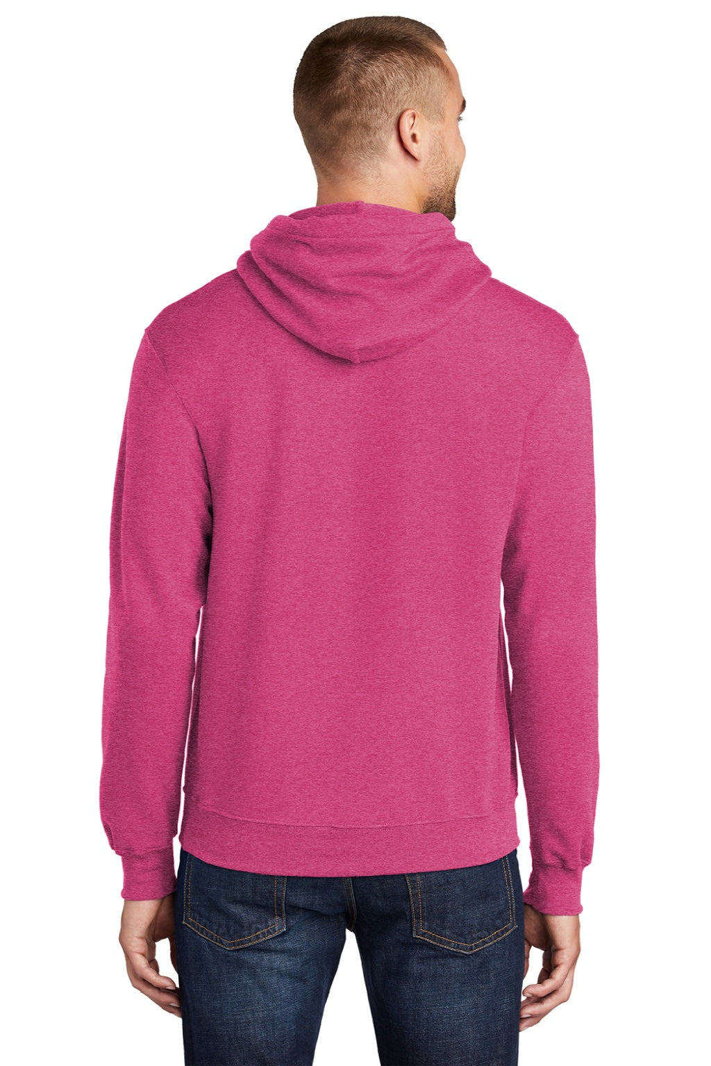 Port & Company PC78H/PC78HT Mens Core Pill Resistant Fleece Hooded Sweatshirt Hoodie w/ Pouch Pocket Heather Sangria Pink Model Back