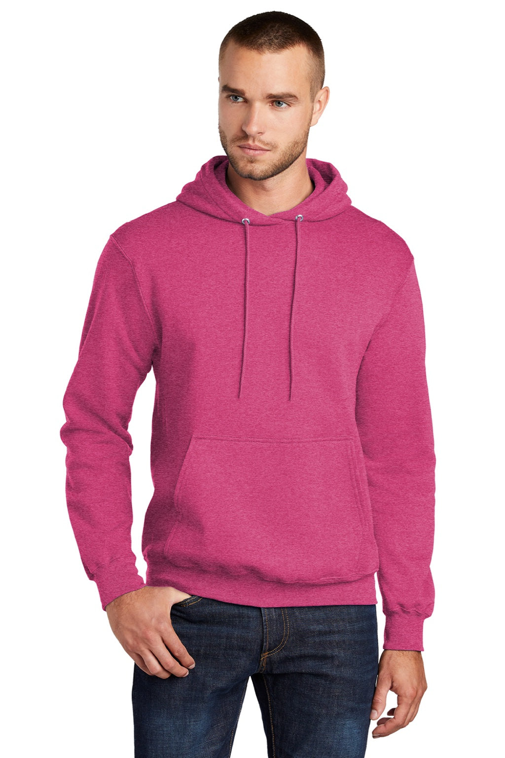 Port & Company PC78H/PC78HT Mens Core Pill Resistant Fleece Hooded Sweatshirt Hoodie w/ Pouch Pocket Heather Sangria Pink Model Front