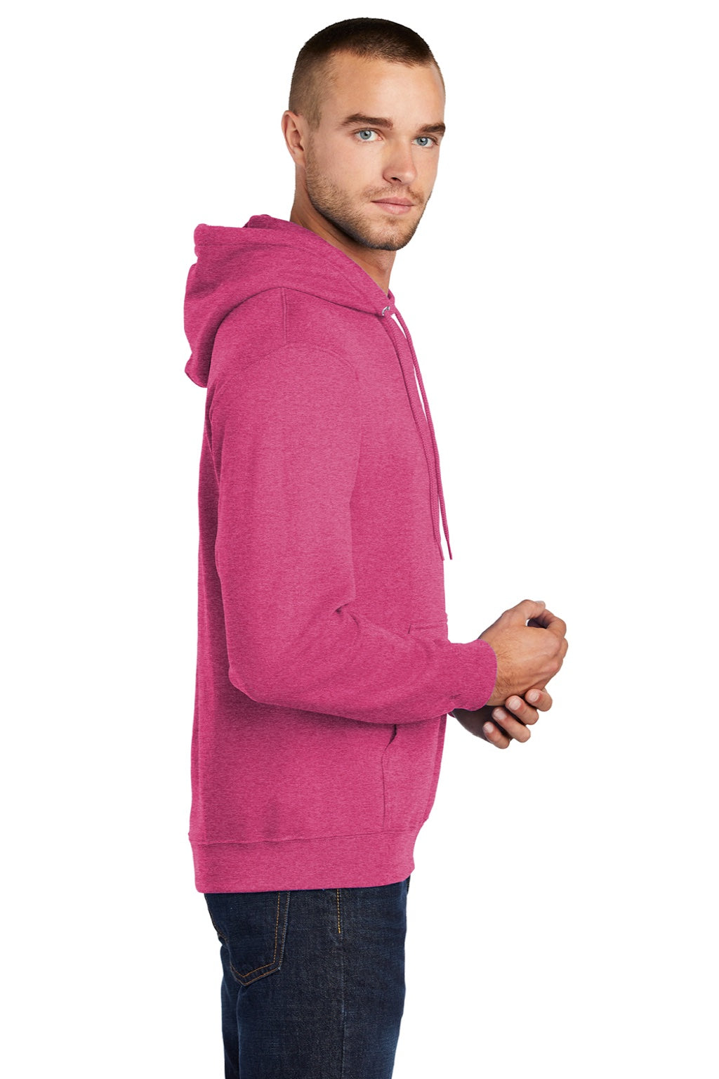 Port & Company PC78H/PC78HT Mens Core Pill Resistant Fleece Hooded Sweatshirt Hoodie w/ Pouch Pocket Heather Sangria Pink Model Side