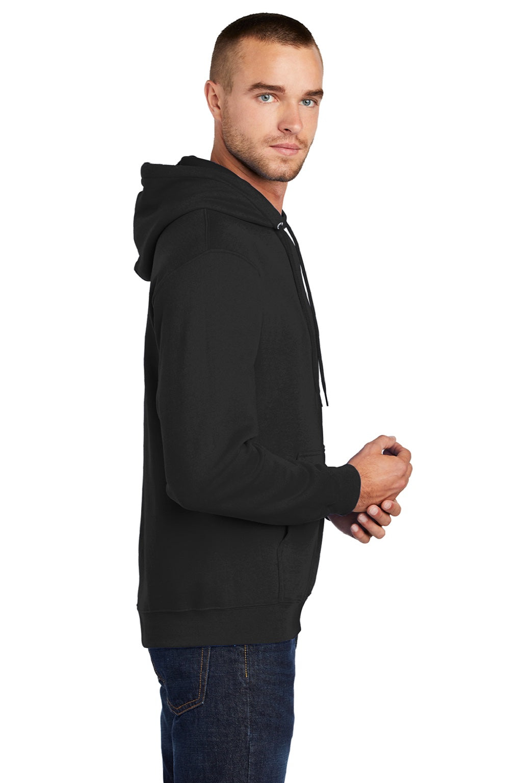 Port & Company PC78H/PC78HT Mens Core Pill Resistant Fleece Hooded Sweatshirt Hoodie w/ Pouch Pocket Jet Black Model Side