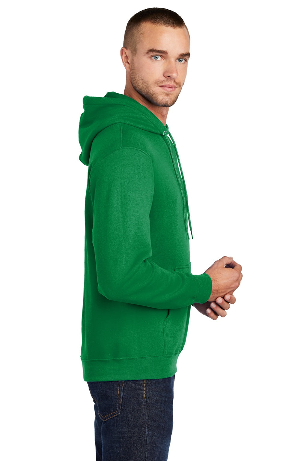 Port & Company PC78H/PC78HT Mens Core Pill Resistant Fleece Hooded Sweatshirt Hoodie w/ Pouch Pocket Kelly Green Model Side