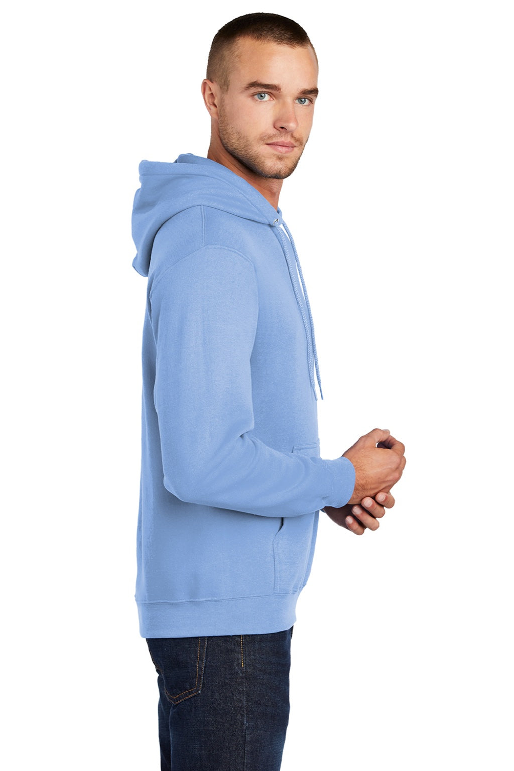 Port & Company PC78H/PC78HT Mens Core Pill Resistant Fleece Hooded Sweatshirt Hoodie w/ Pouch Pocket Light Blue Model Side