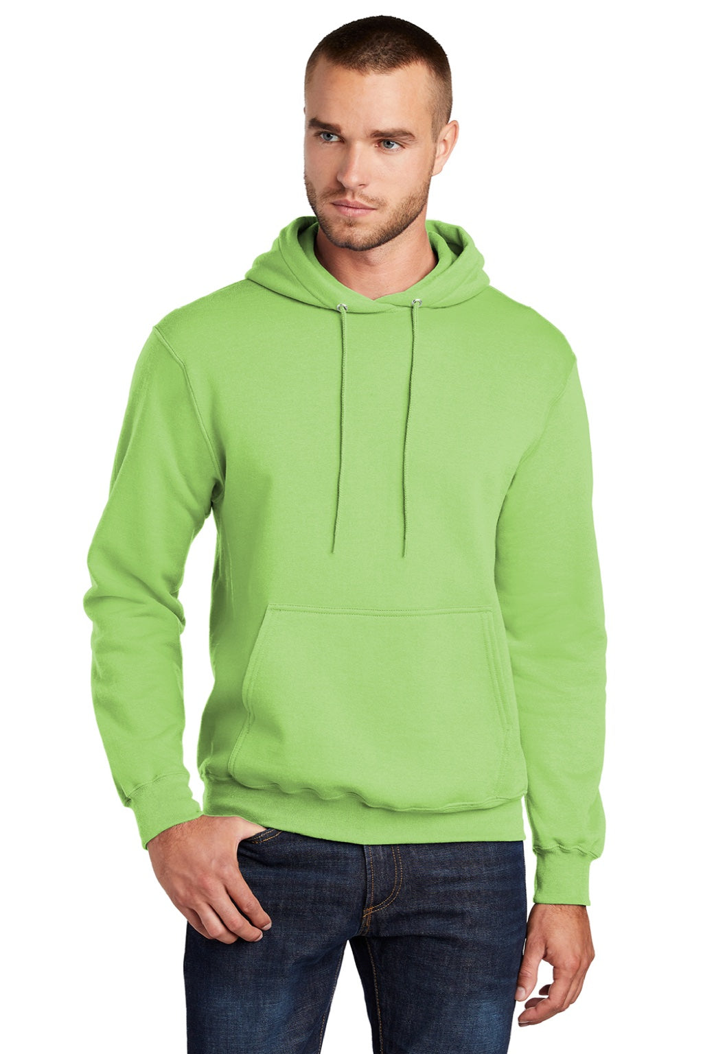Port & Company PC78H/PC78HT Mens Core Pill Resistant Fleece Hooded Sweatshirt Hoodie w/ Pouch Pocket Lime Green Model Front