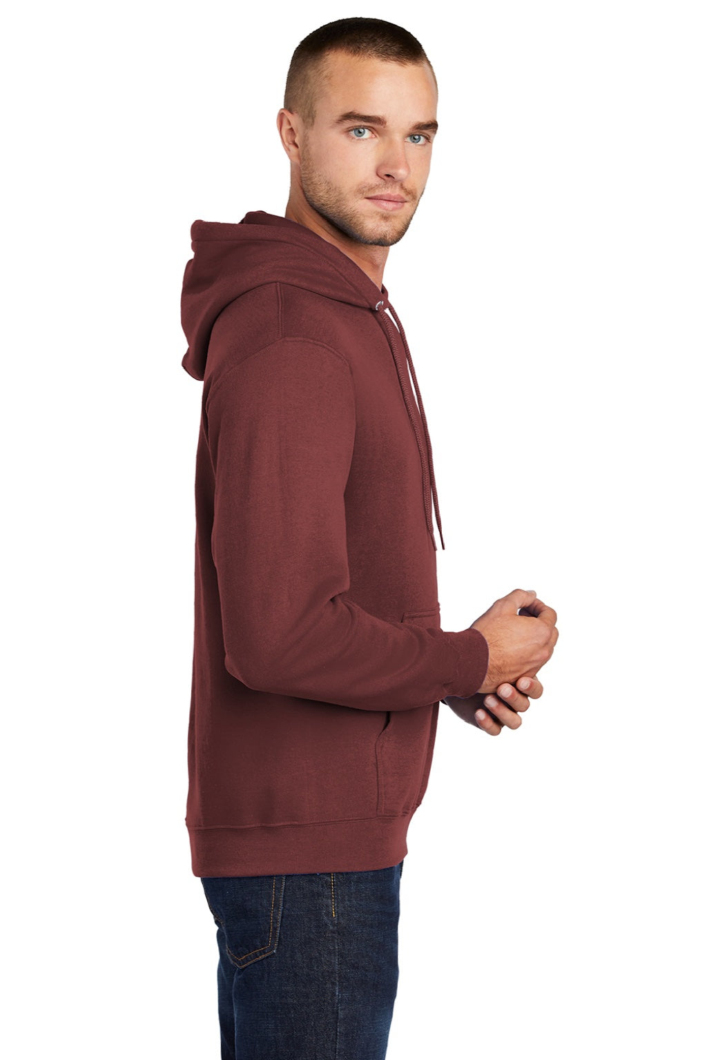 Port & Company PC78H/PC78HT Mens Core Pill Resistant Fleece Hooded Sweatshirt Hoodie w/ Pouch Pocket Maroon Model Side