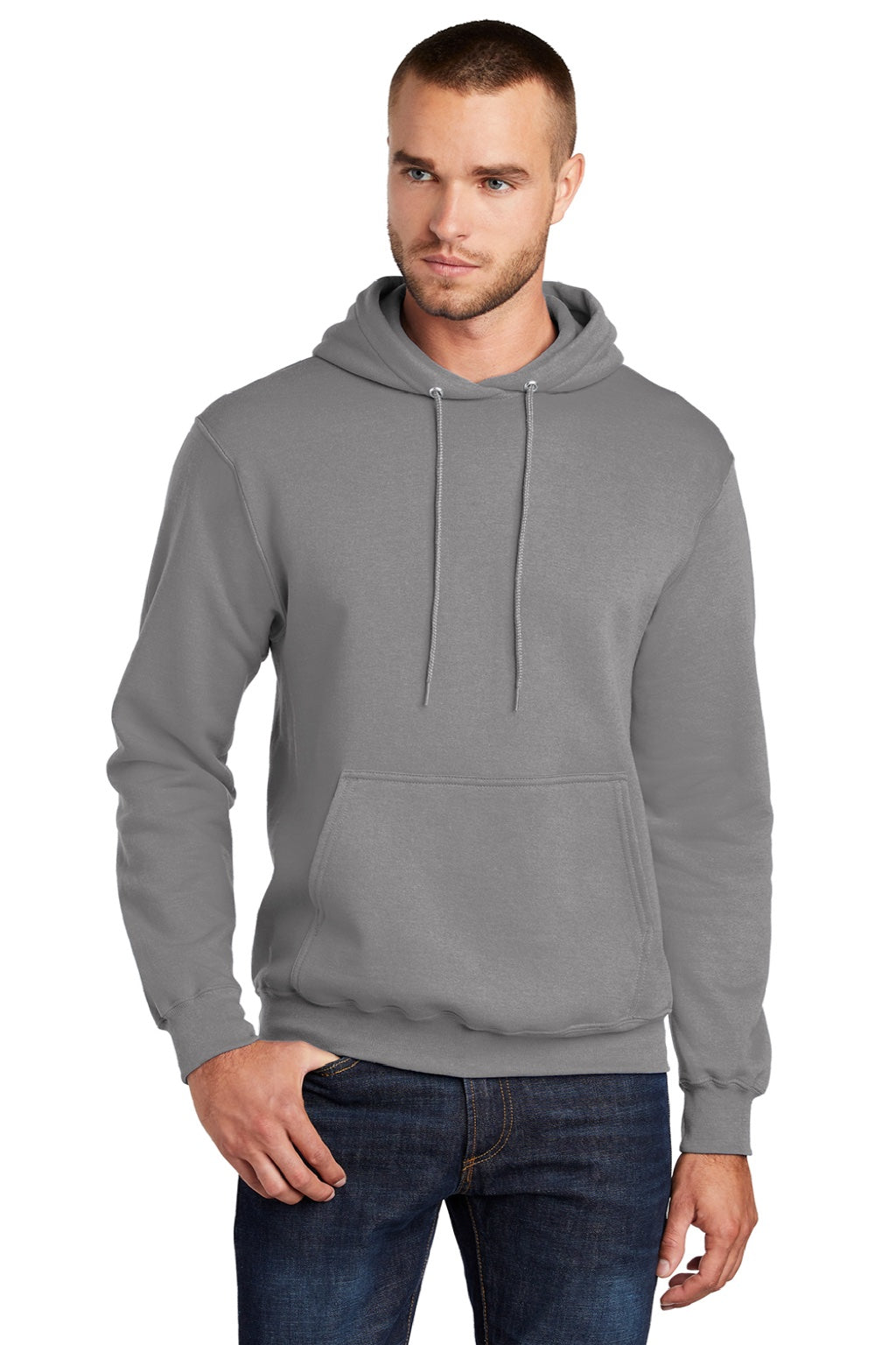 Port & Company PC78H/PC78HT Mens Core Pill Resistant Fleece Hooded Sweatshirt Hoodie w/ Pouch Pocket Medium Grey Model Front