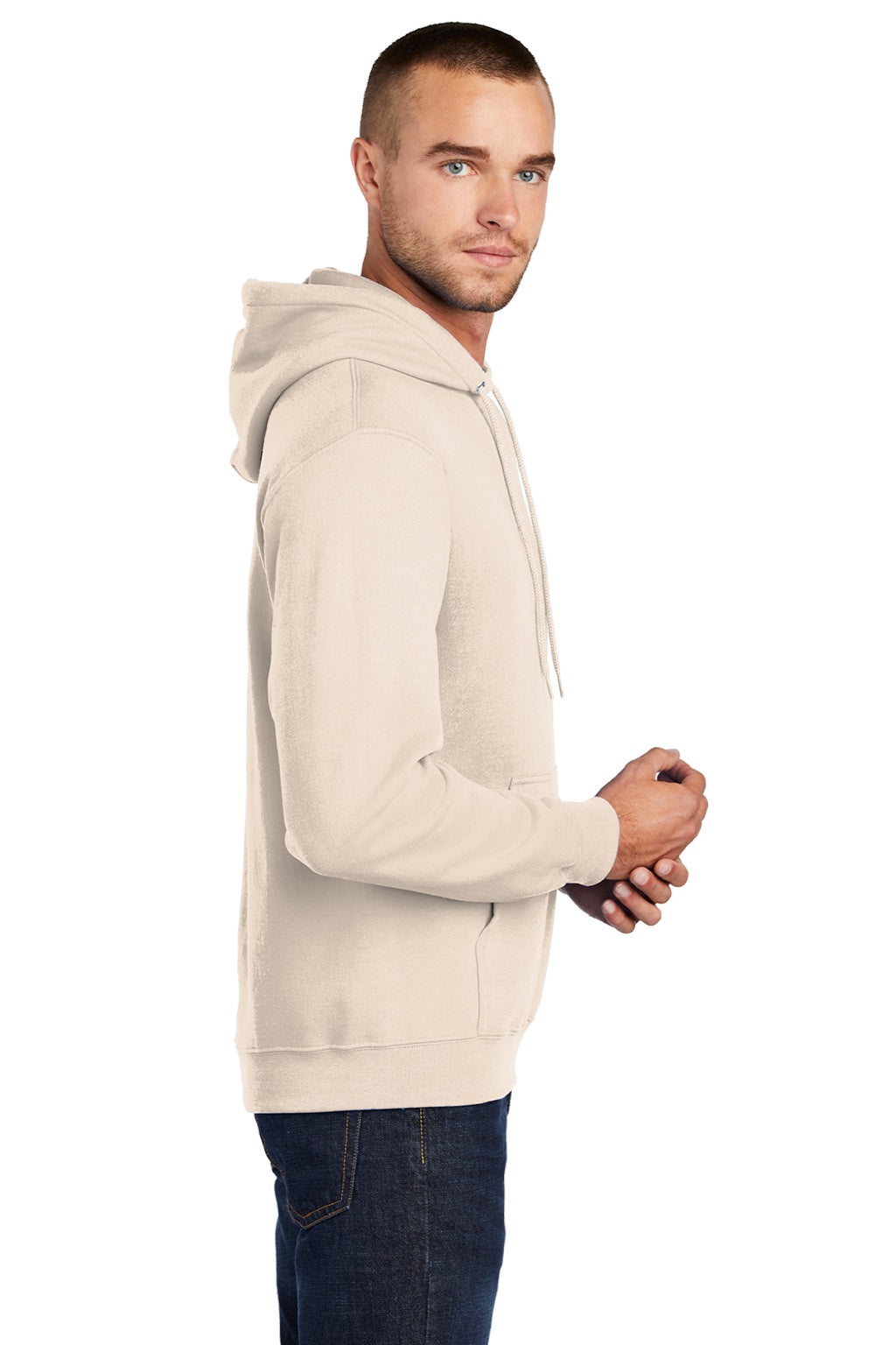 Port & Company PC78H/PC78HT Mens Core Pill Resistant Fleece Hooded Sweatshirt Hoodie w/ Pouch Pocket Natural Model Side