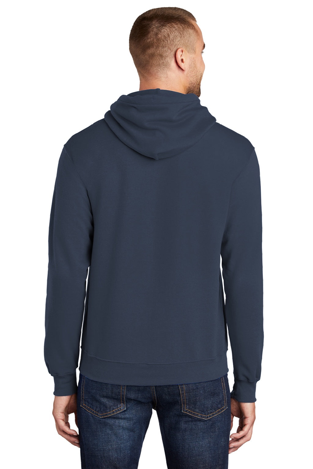 Port & Company PC78H/PC78HT Mens Core Pill Resistant Fleece Hooded Sweatshirt Hoodie w/ Pouch Pocket Navy Blue Model Back