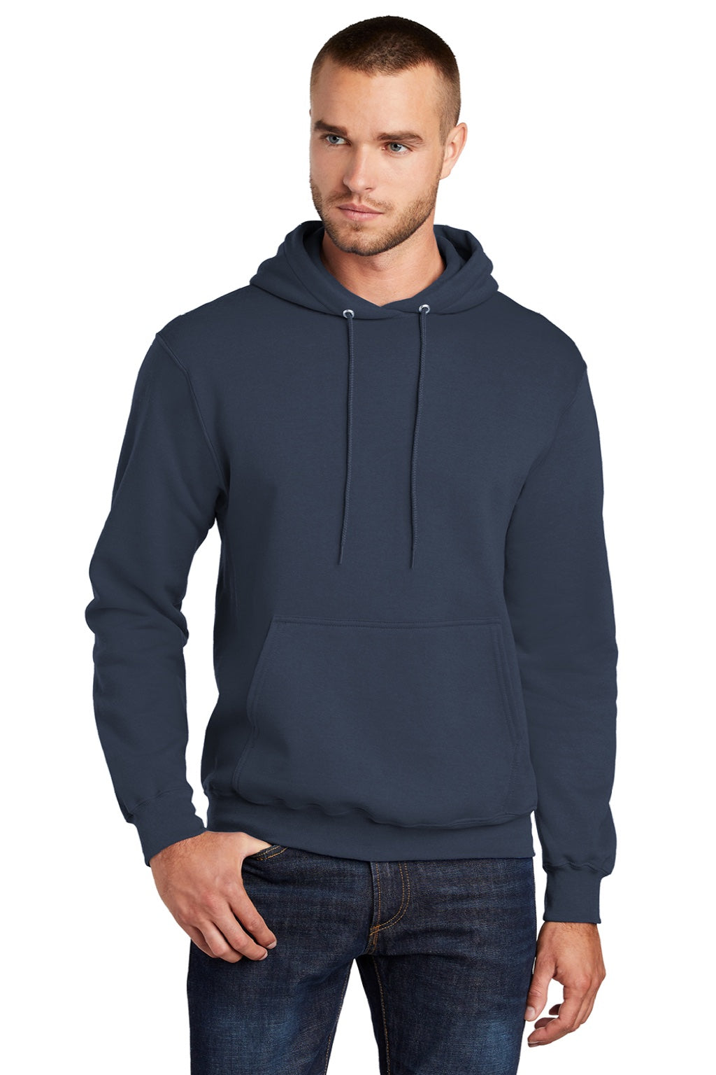 Port & Company PC78H/PC78HT Mens Core Pill Resistant Fleece Hooded Sweatshirt Hoodie w/ Pouch Pocket Navy Blue Model Front