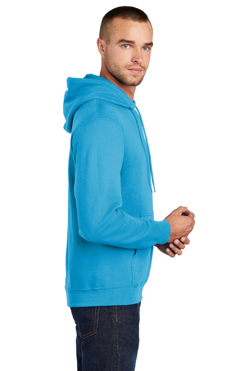 Port & Company PC78H/PC78HT Mens Core Pill Resistant Fleece Hooded Sweatshirt Hoodie w/ Pouch Pocket Neon Blue Model Side
