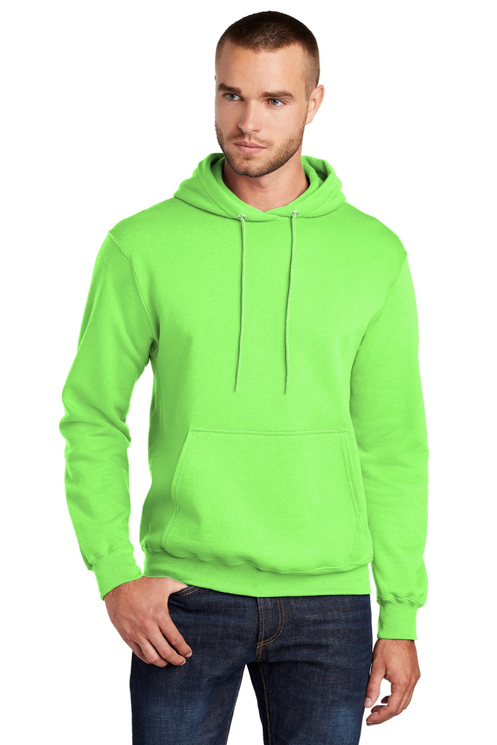 Port & Company PC78H/PC78HT Mens Core Pill Resistant Fleece Hooded Sweatshirt Hoodie w/ Pouch Pocket Neon Green Model Front