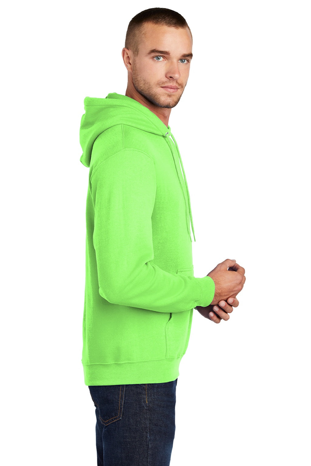 Port & Company PC78H/PC78HT Mens Core Pill Resistant Fleece Hooded Sweatshirt Hoodie w/ Pouch Pocket Neon Green Model Side