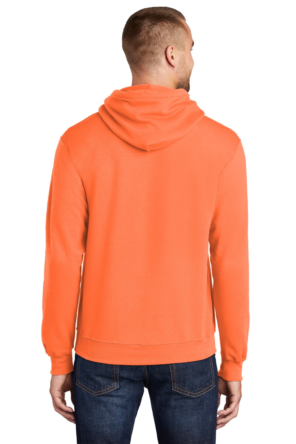 Port & Company PC78H/PC78HT Mens Core Pill Resistant Fleece Hooded Sweatshirt Hoodie w/ Pouch Pocket Neon Orange Model Back