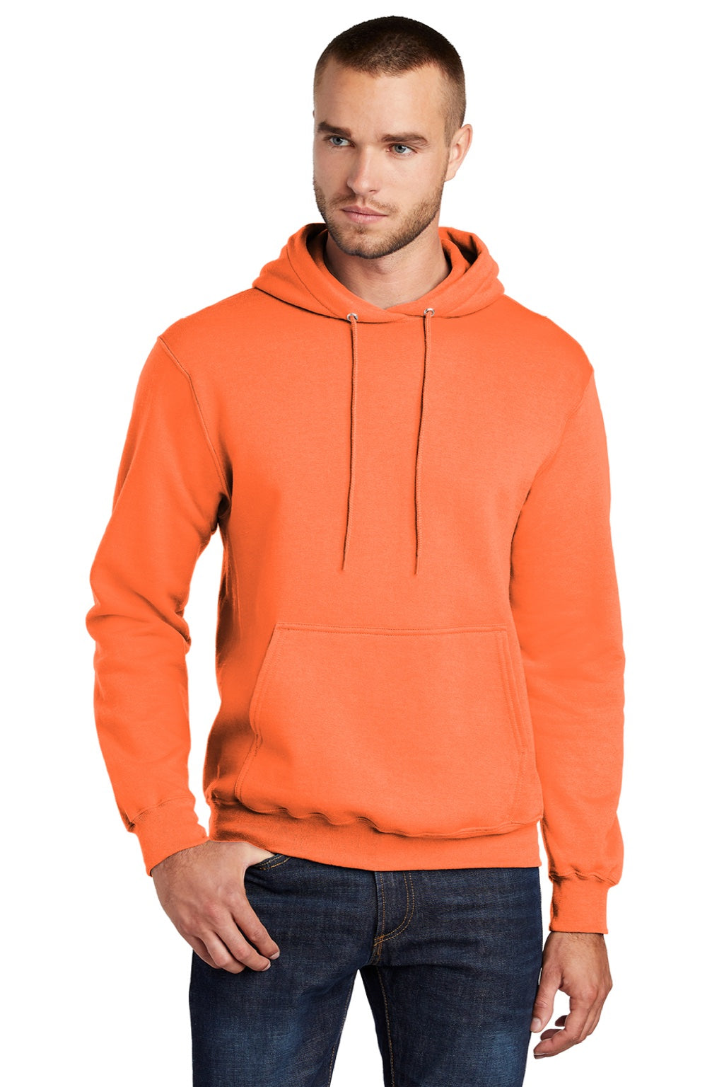 Port & Company PC78H/PC78HT Mens Core Pill Resistant Fleece Hooded Sweatshirt Hoodie w/ Pouch Pocket Neon Orange Model Front
