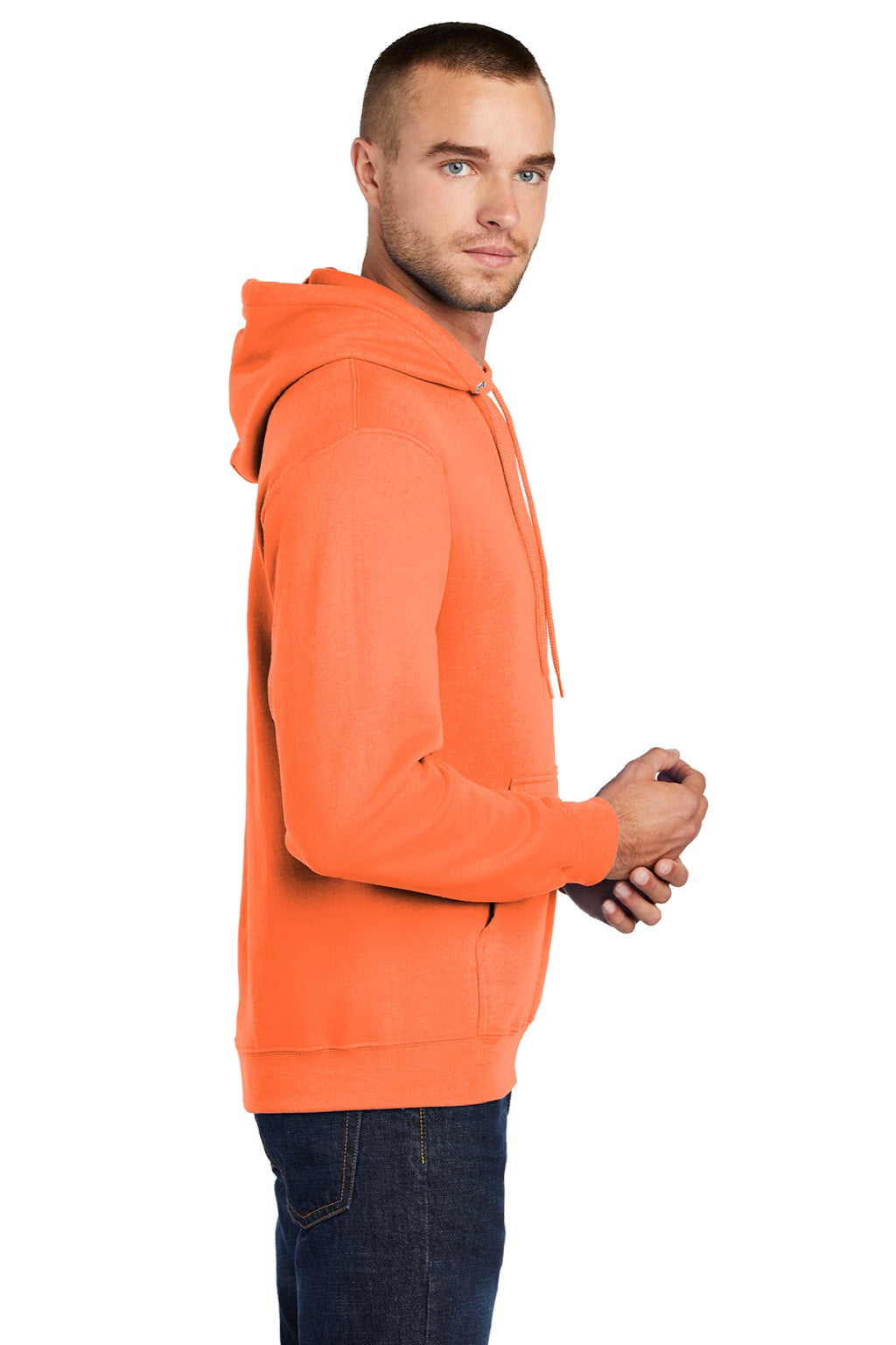 Port & Company PC78H/PC78HT Mens Core Pill Resistant Fleece Hooded Sweatshirt Hoodie w/ Pouch Pocket Neon Orange Model Side
