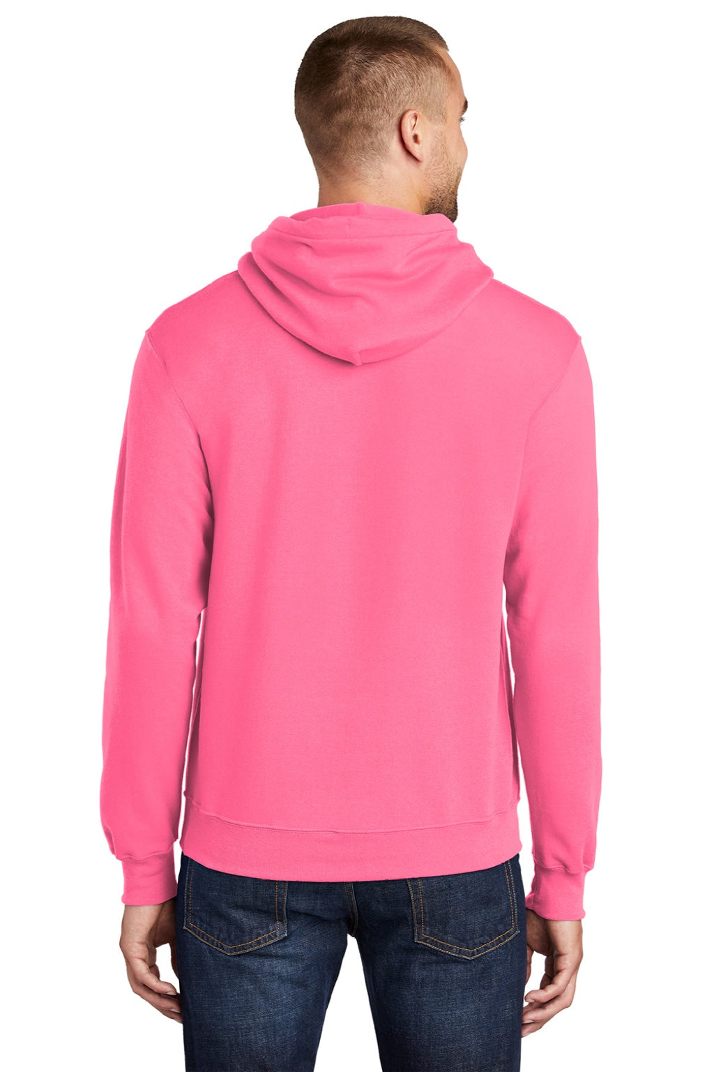 Port & Company PC78H/PC78HT Mens Core Pill Resistant Fleece Hooded Sweatshirt Hoodie w/ Pouch Pocket Neon Pink Model Back