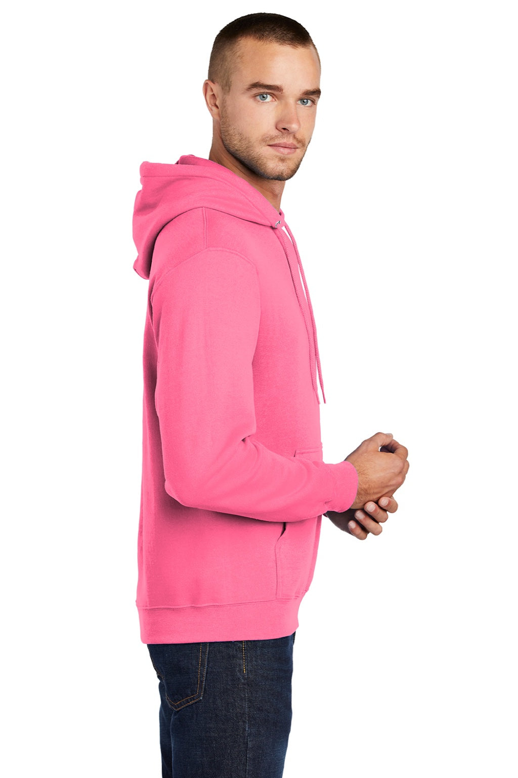 Port & Company PC78H/PC78HT Mens Core Pill Resistant Fleece Hooded Sweatshirt Hoodie w/ Pouch Pocket Neon Pink Model Side