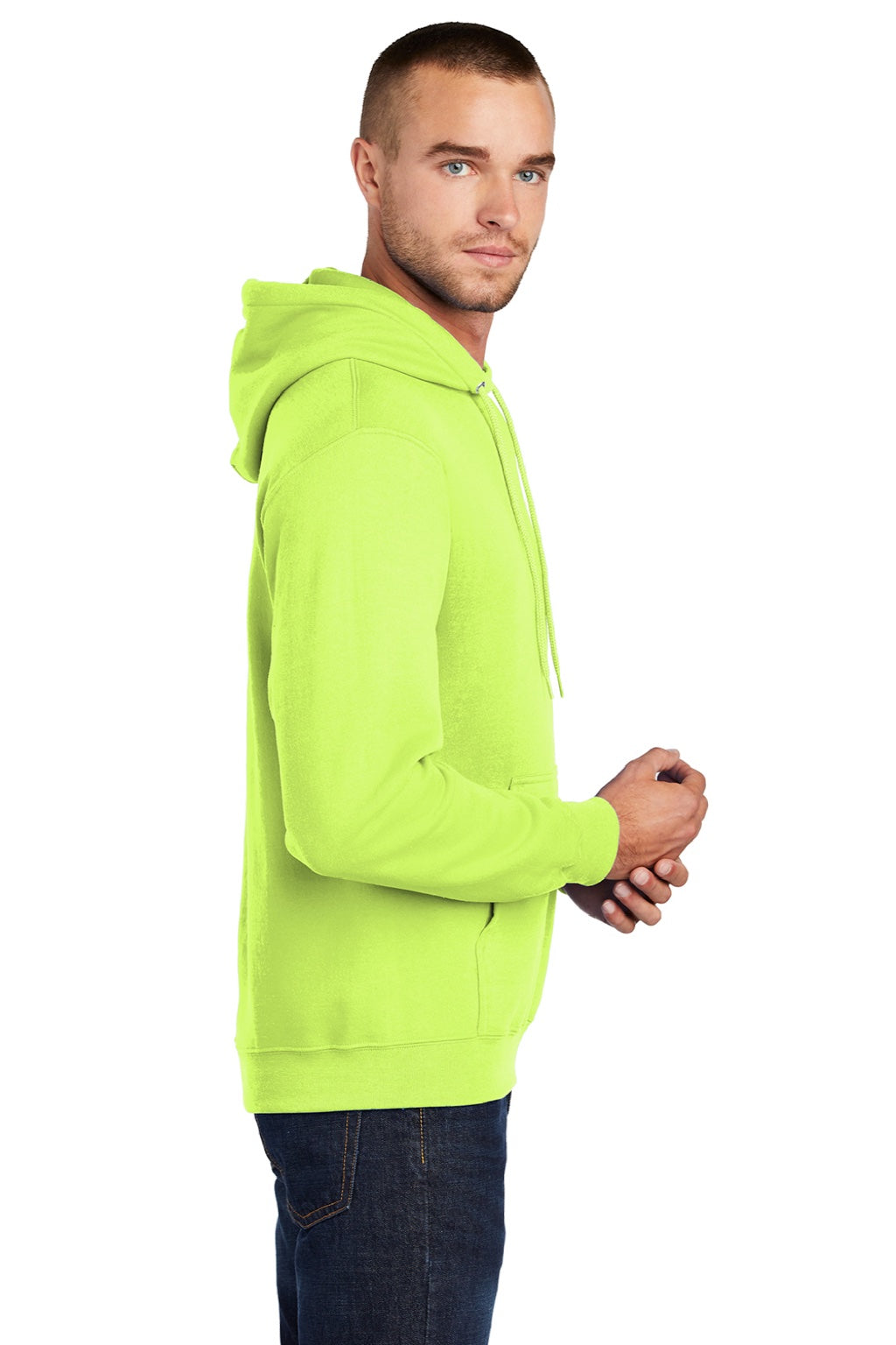 Port & Company PC78H/PC78HT Mens Core Pill Resistant Fleece Hooded Sweatshirt Hoodie w/ Pouch Pocket Neon Yellow Model Side