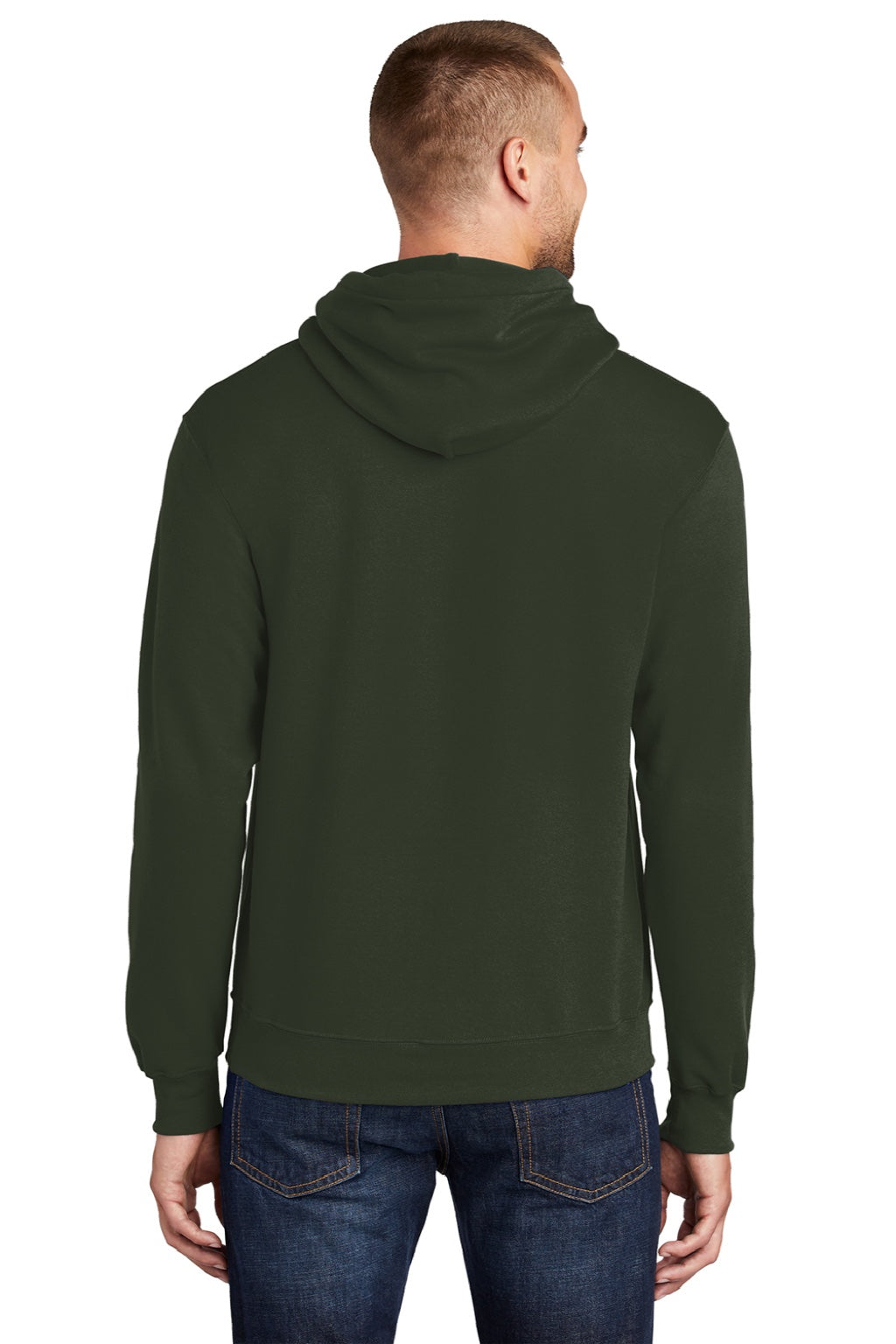 Port & Company PC78H/PC78HT Mens Core Pill Resistant Fleece Hooded Sweatshirt Hoodie w/ Pouch Pocket Olive Green Model Back
