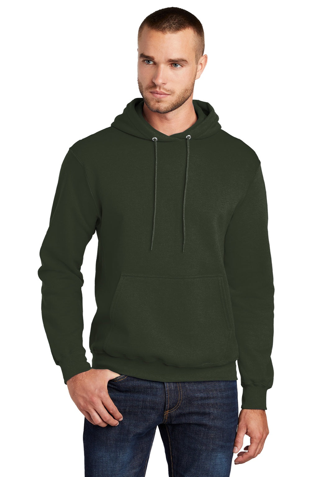 Port & Company PC78H/PC78HT Mens Core Pill Resistant Fleece Hooded Sweatshirt Hoodie w/ Pouch Pocket Olive Green Model Front