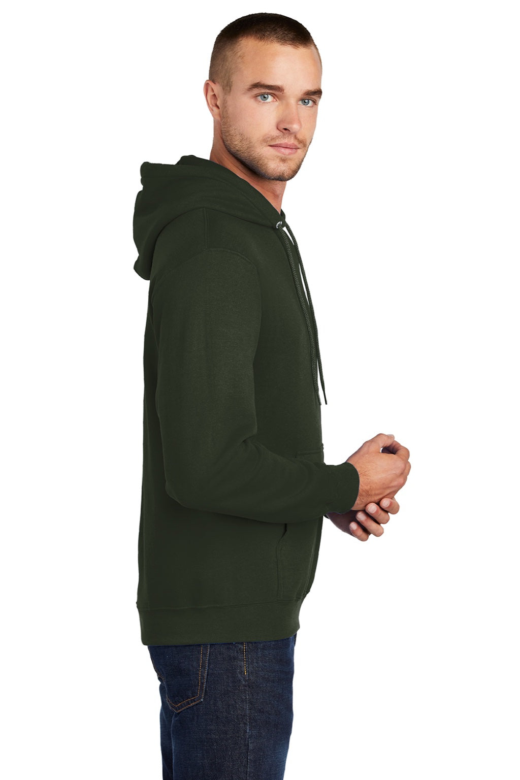 Port & Company PC78H/PC78HT Mens Core Pill Resistant Fleece Hooded Sweatshirt Hoodie w/ Pouch Pocket Olive Green Model Side
