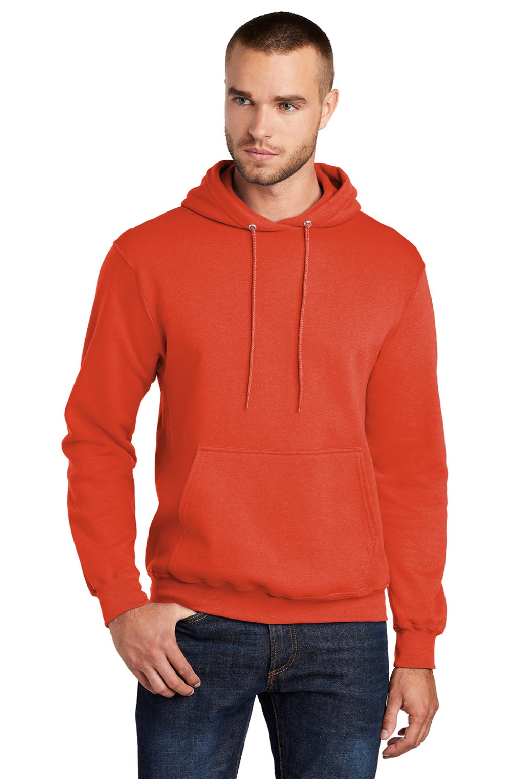 Port & Company PC78H/PC78HT Mens Core Pill Resistant Fleece Hooded Sweatshirt Hoodie w/ Pouch Pocket Orange Model Front