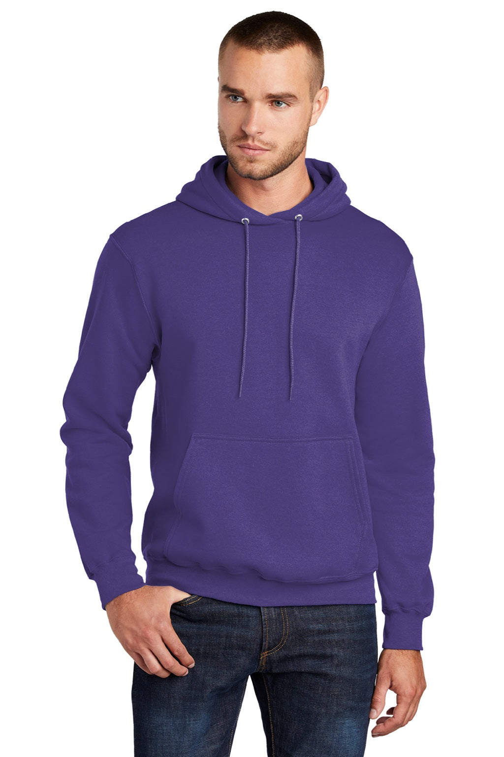 Port & Company PC78H/PC78HT Mens Core Pill Resistant Fleece Hooded Sweatshirt Hoodie w/ Pouch Pocket Purple Model Front