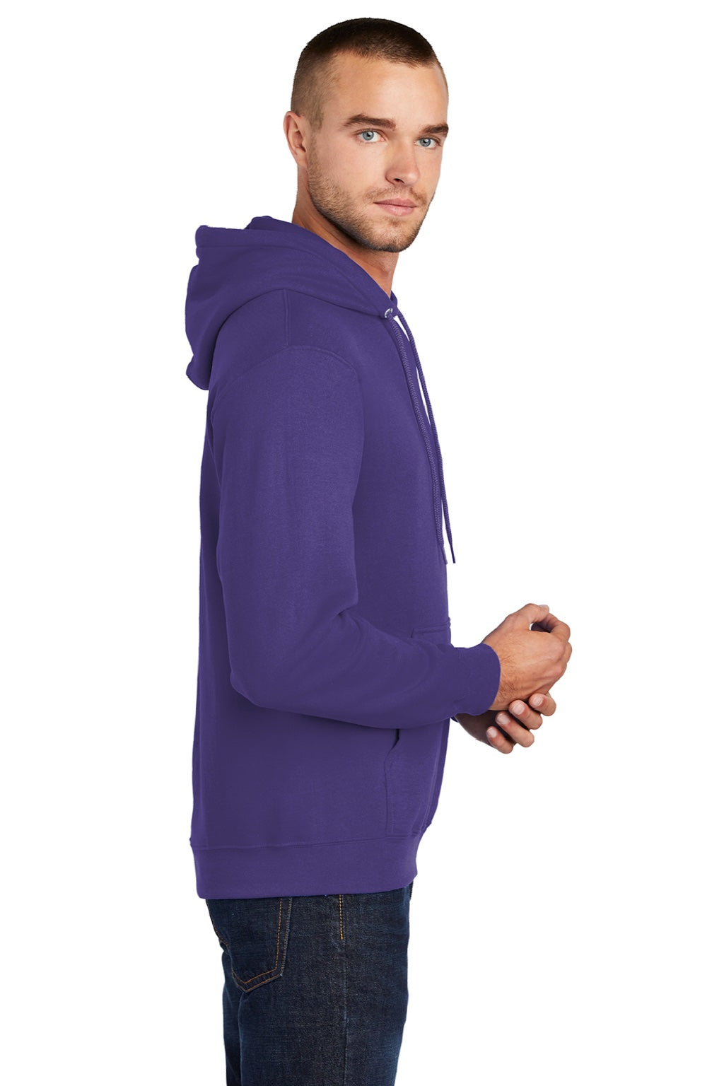 Port & Company PC78H/PC78HT Mens Core Pill Resistant Fleece Hooded Sweatshirt Hoodie w/ Pouch Pocket Purple Model Side