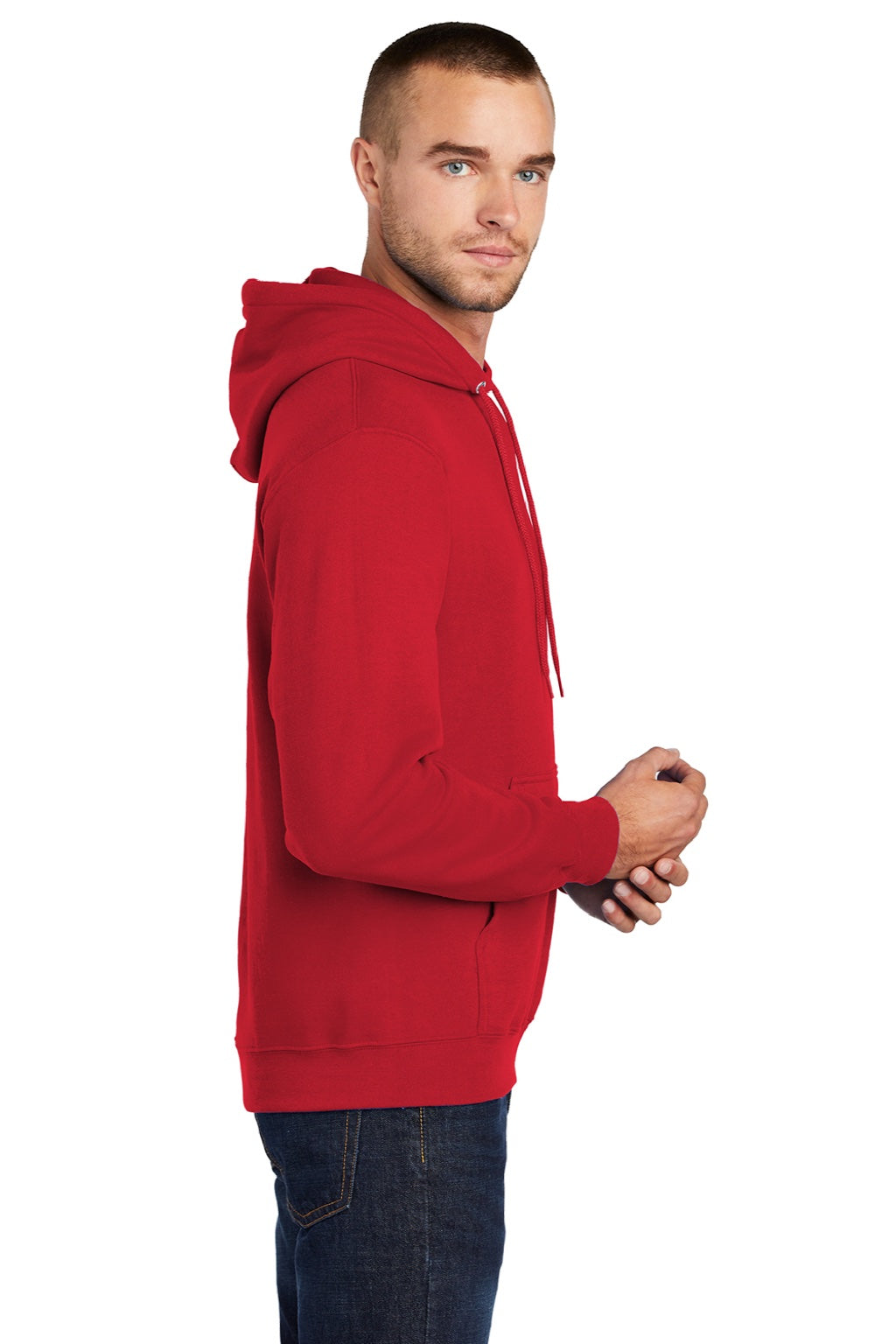 Port & Company PC78H/PC78HT Mens Core Pill Resistant Fleece Hooded Sweatshirt Hoodie w/ Pouch Pocket Red Model Side
