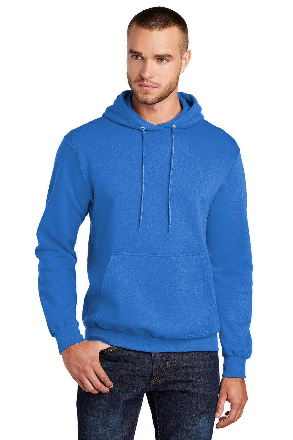Port & Company PC78H/PC78HT Mens Core Pill Resistant Fleece Hooded Sweatshirt Hoodie w/ Pouch Pocket Royal Blue Model Front