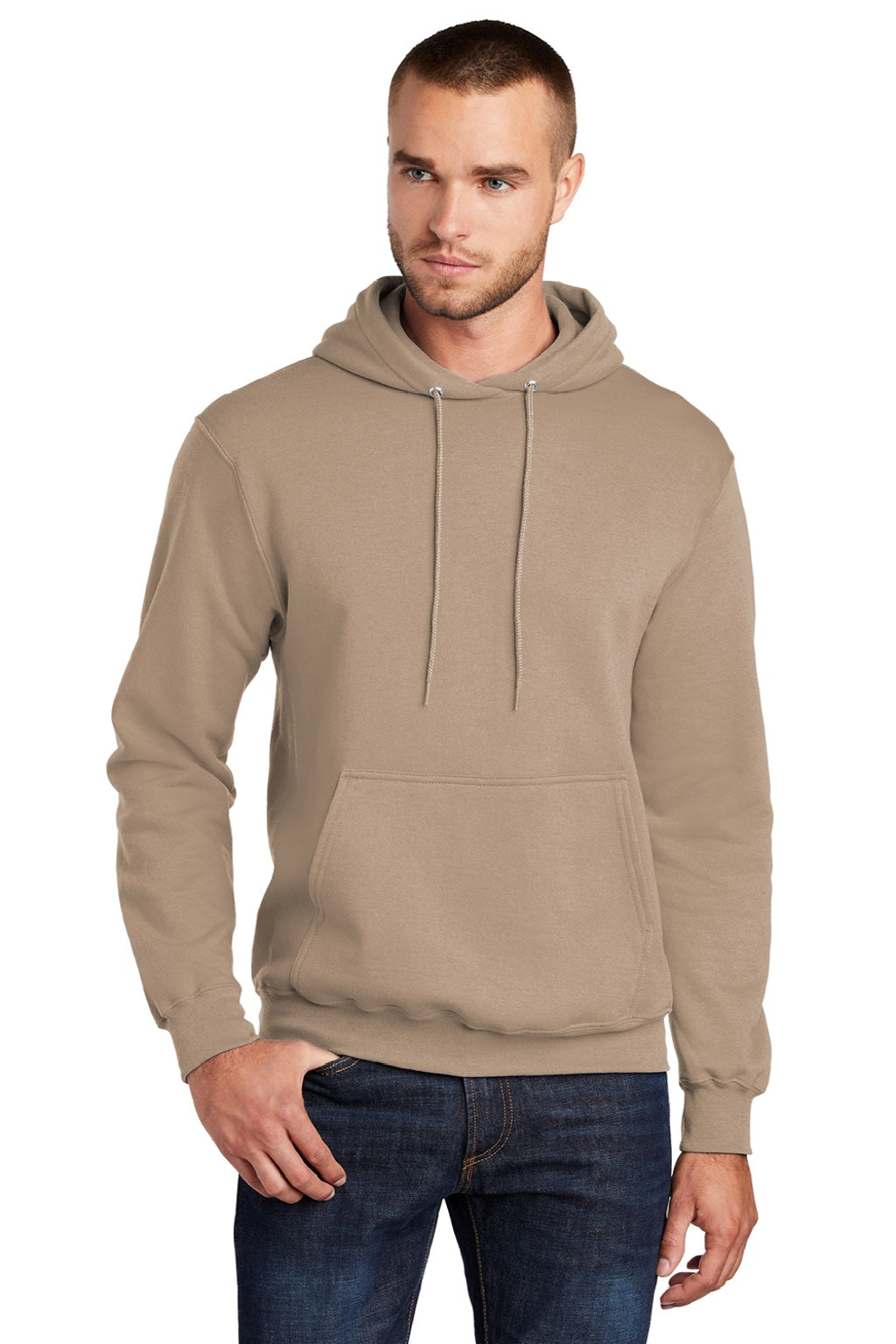 Port & Company PC78H/PC78HT Mens Core Pill Resistant Fleece Hooded Sweatshirt Hoodie w/ Pouch Pocket Sand Brown Model Front