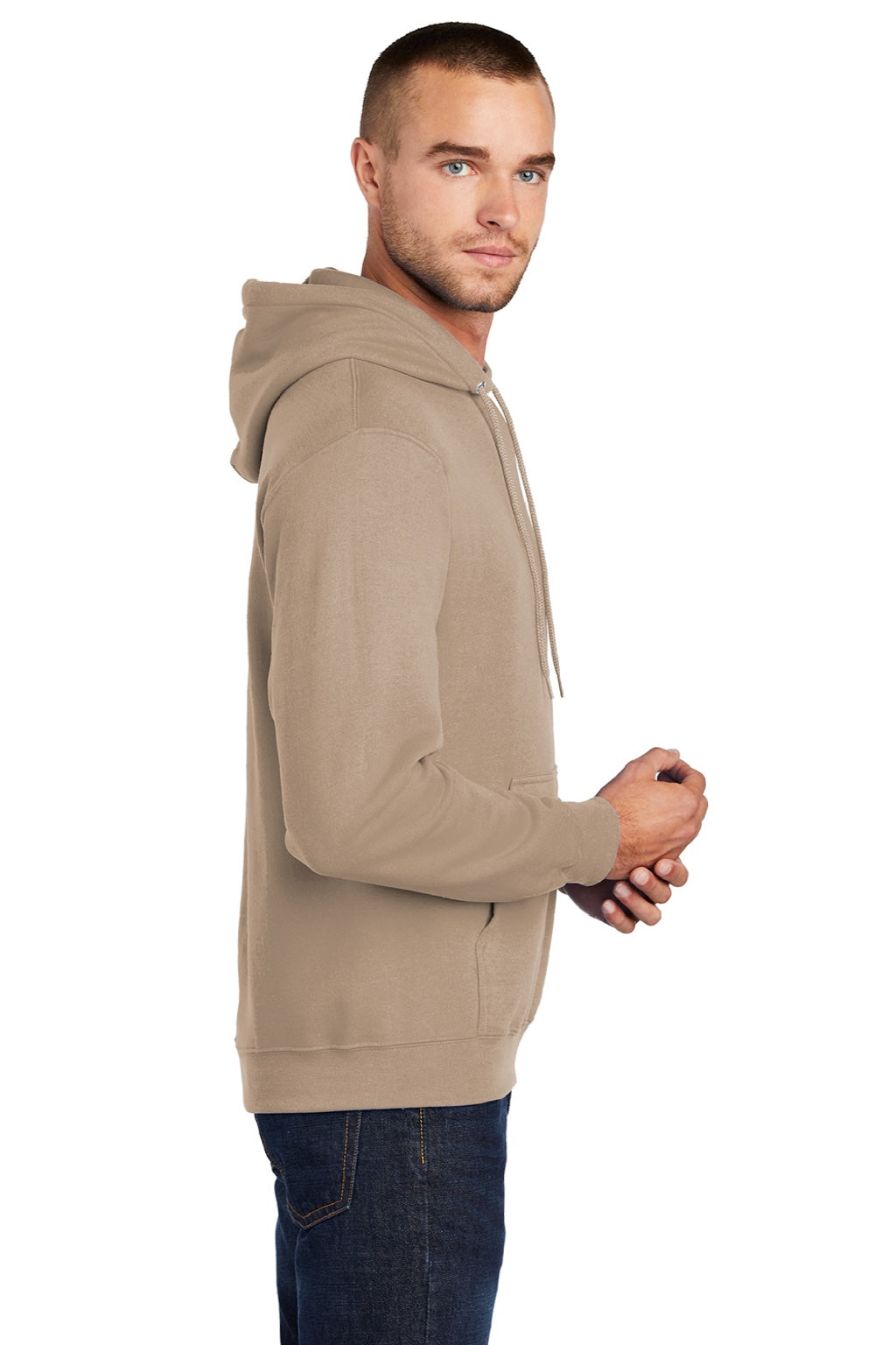Port & Company PC78H/PC78HT Mens Core Pill Resistant Fleece Hooded Sweatshirt Hoodie w/ Pouch Pocket Sand Brown Model Side